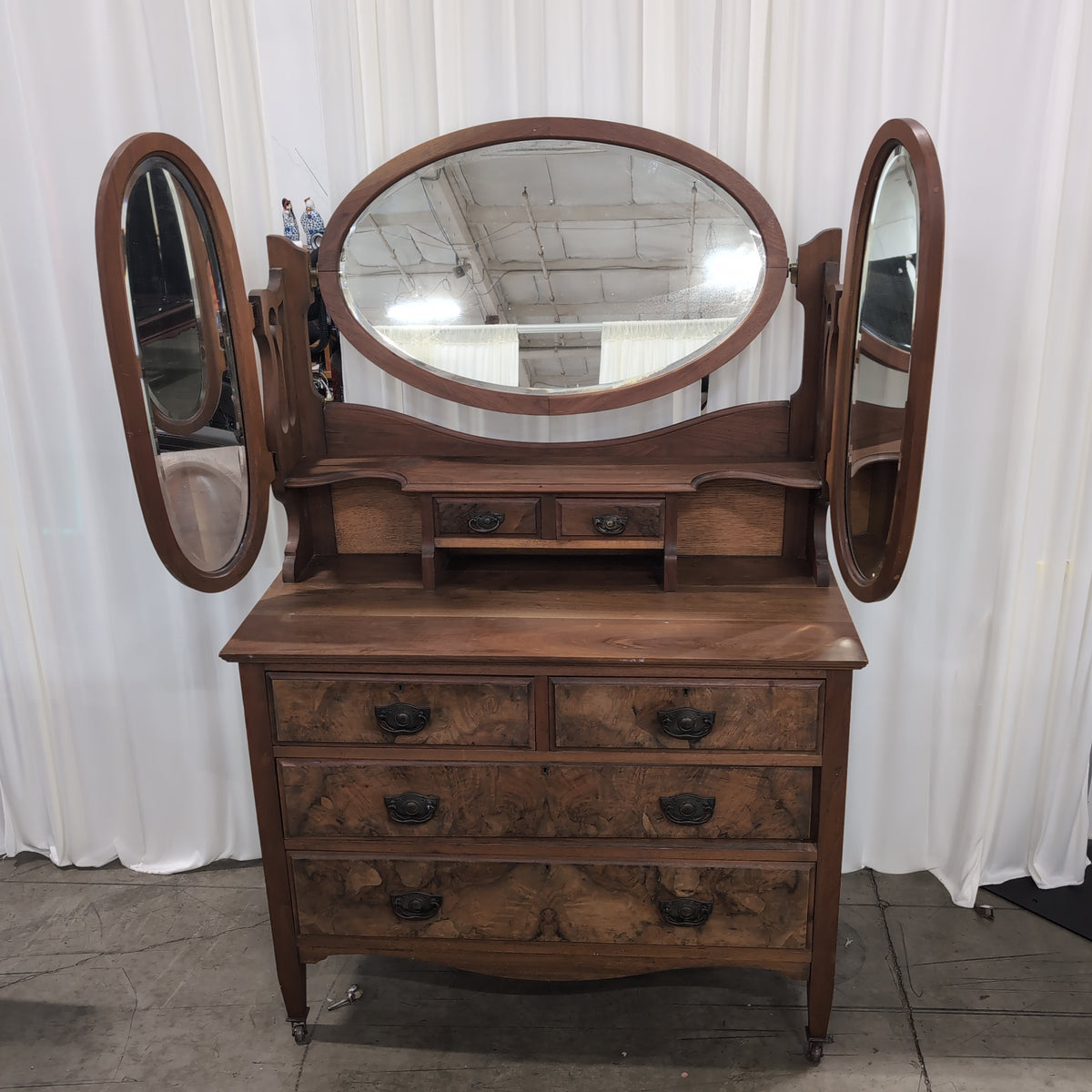 Antique Wood Dresser with Decorative Hutch Top