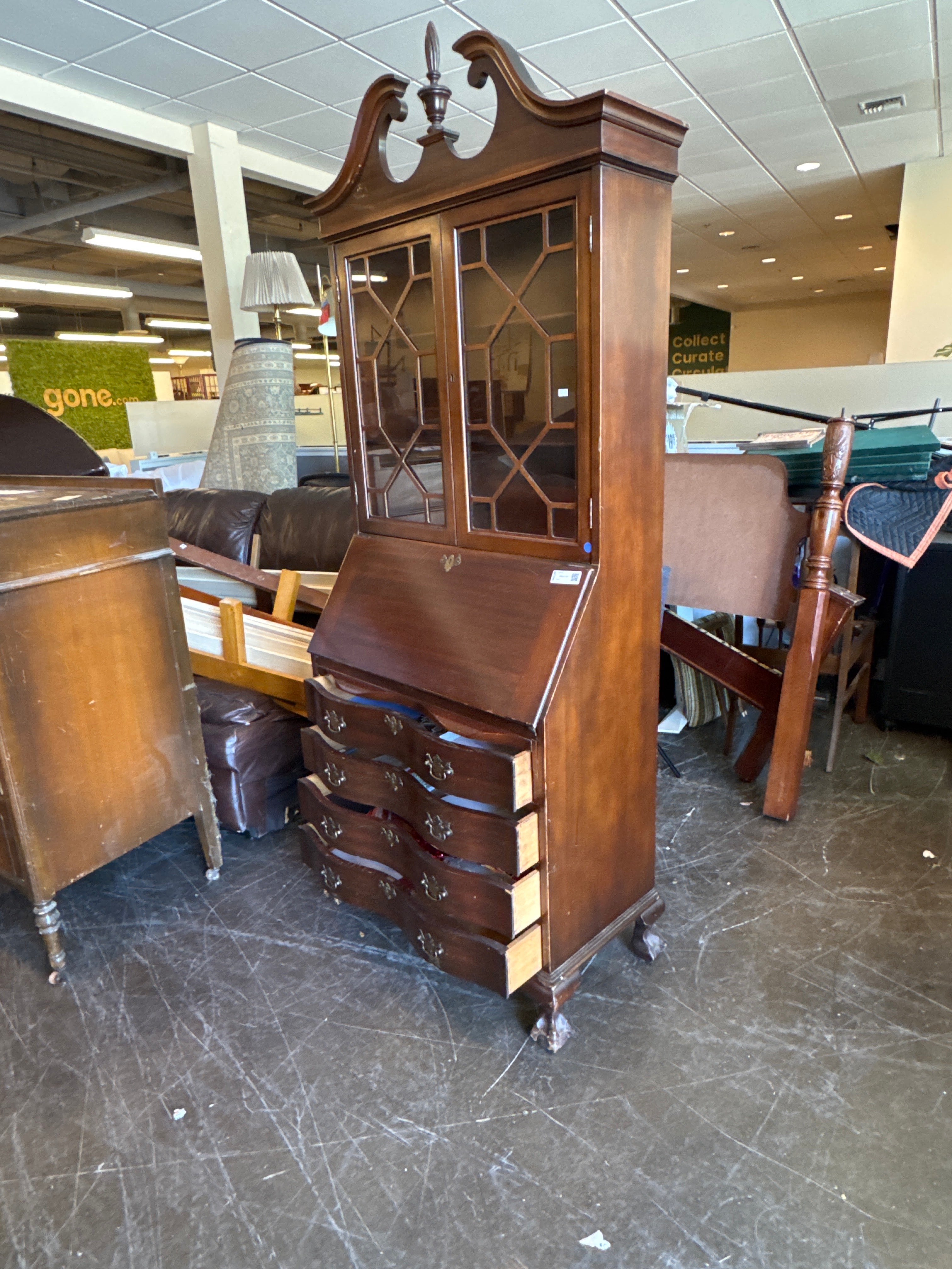 Vintage Ornate Hutch - One Solid Piece with Secretary Style Pull Down Desk