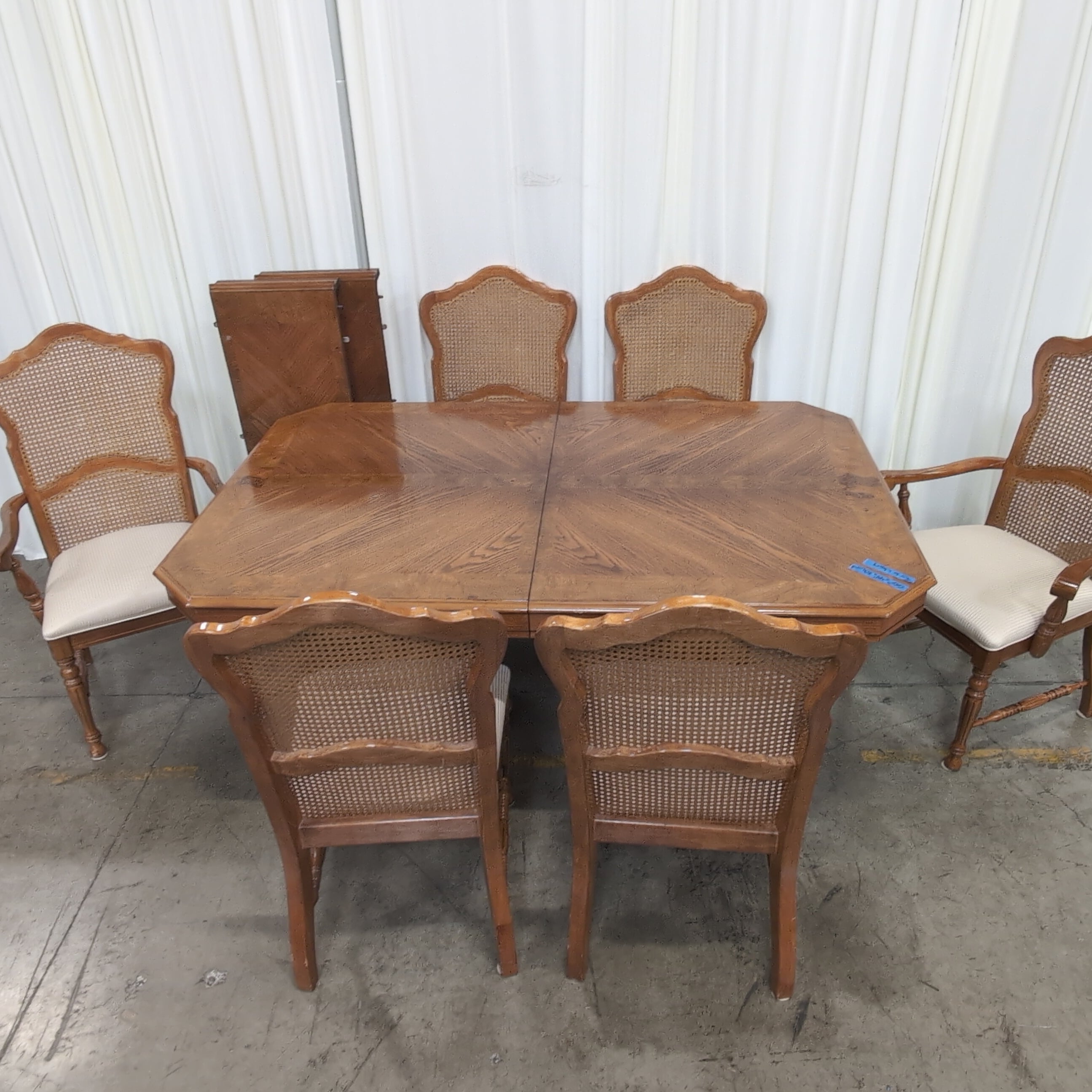 Traditional Cane Back Wood Dining Table with Six Chairs