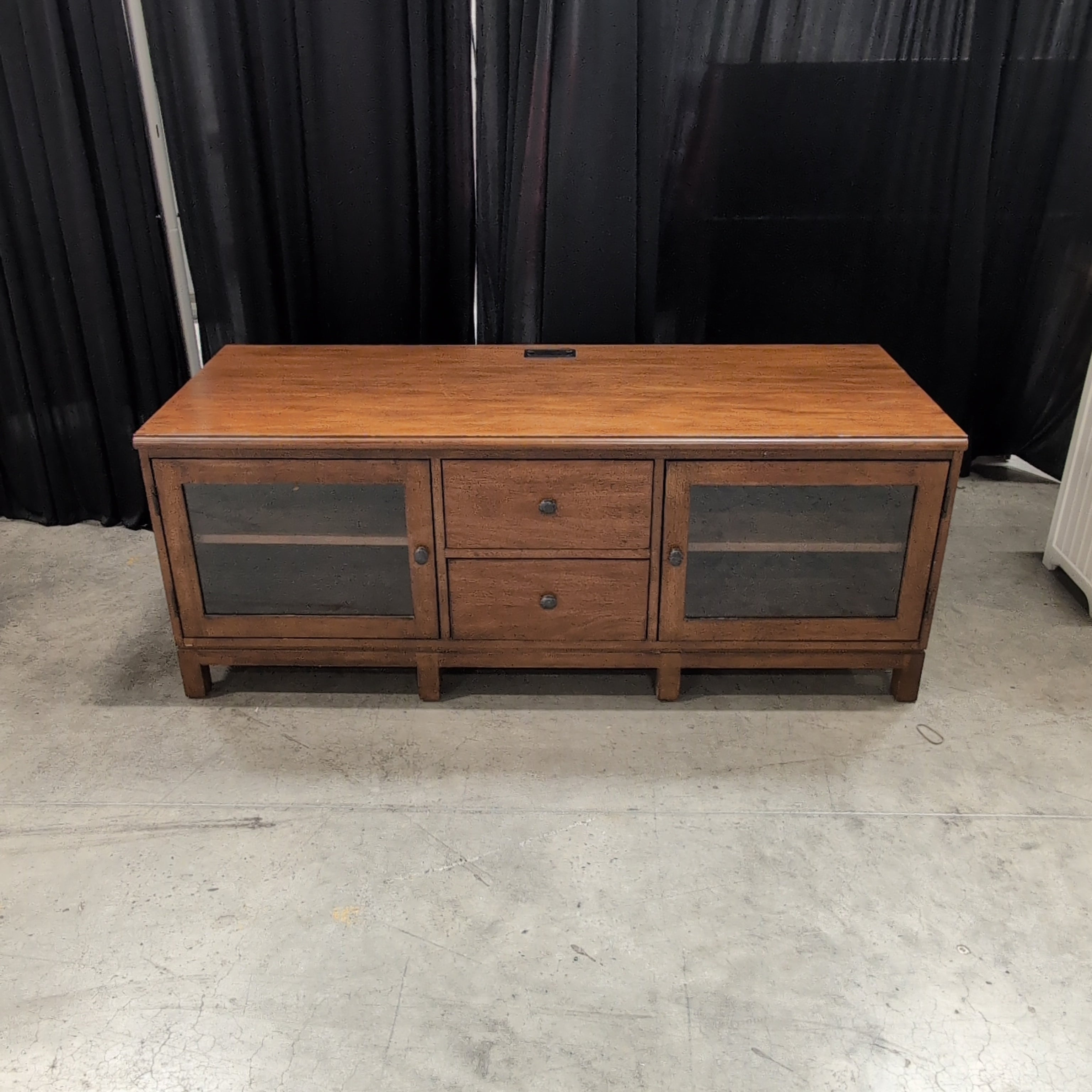 Medium Brown Hardwood TV Stand with Glass Doors