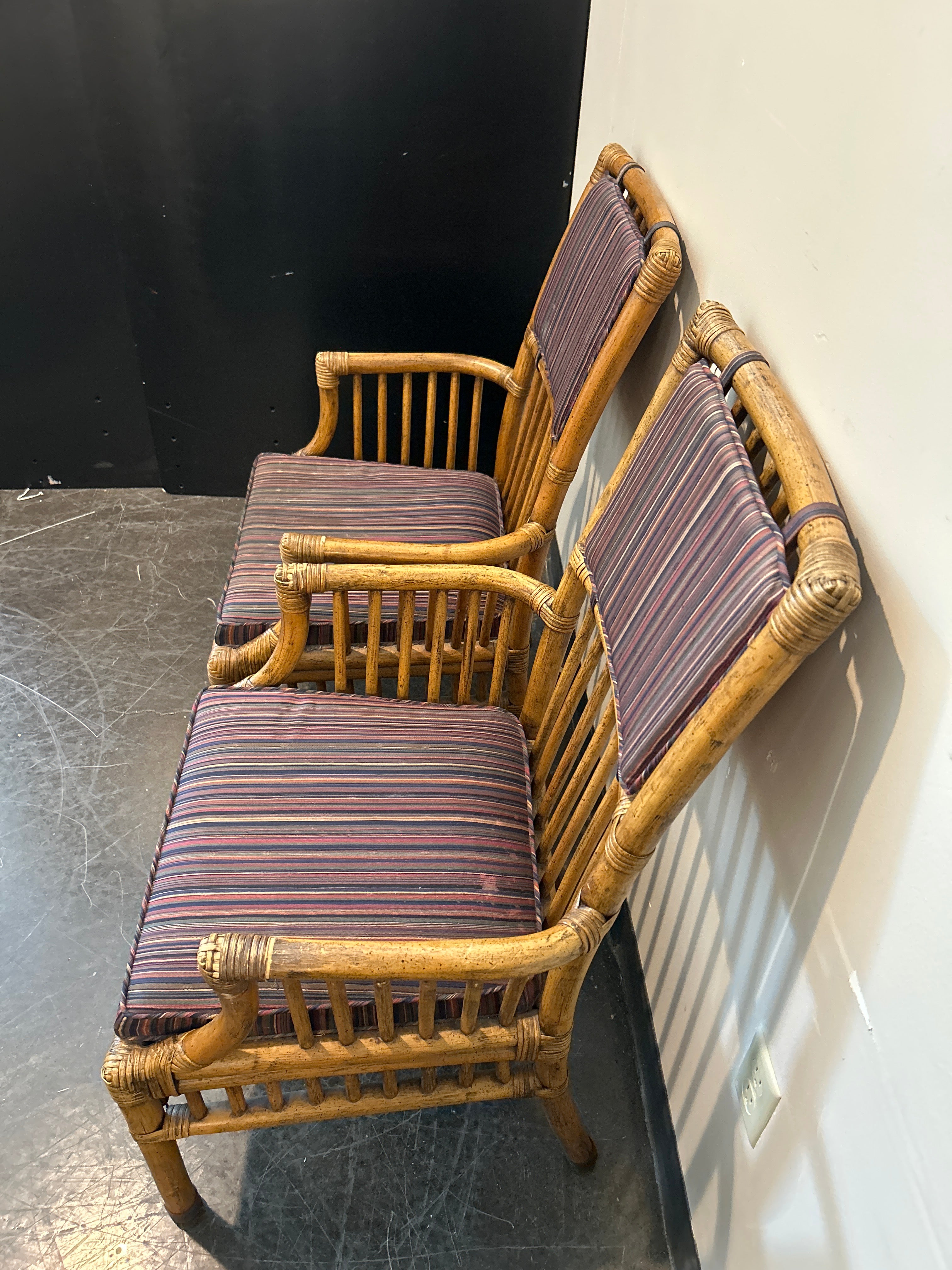Henredon Bamboo Rattan Captain’s Chair Set – Striped Cushion, with Arms