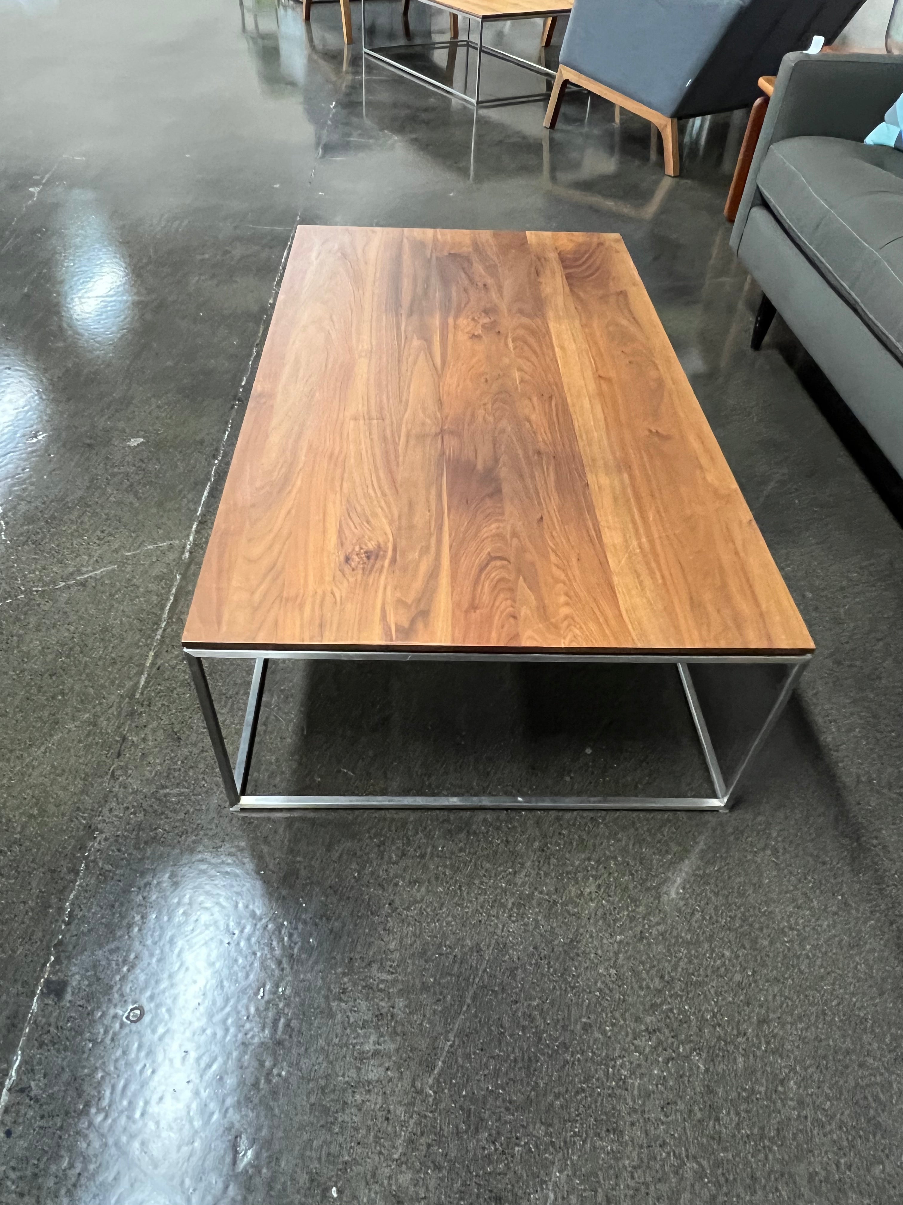 Crate & Barrel Wood Coffee Table with Metal Base – Stylish and Sturdy