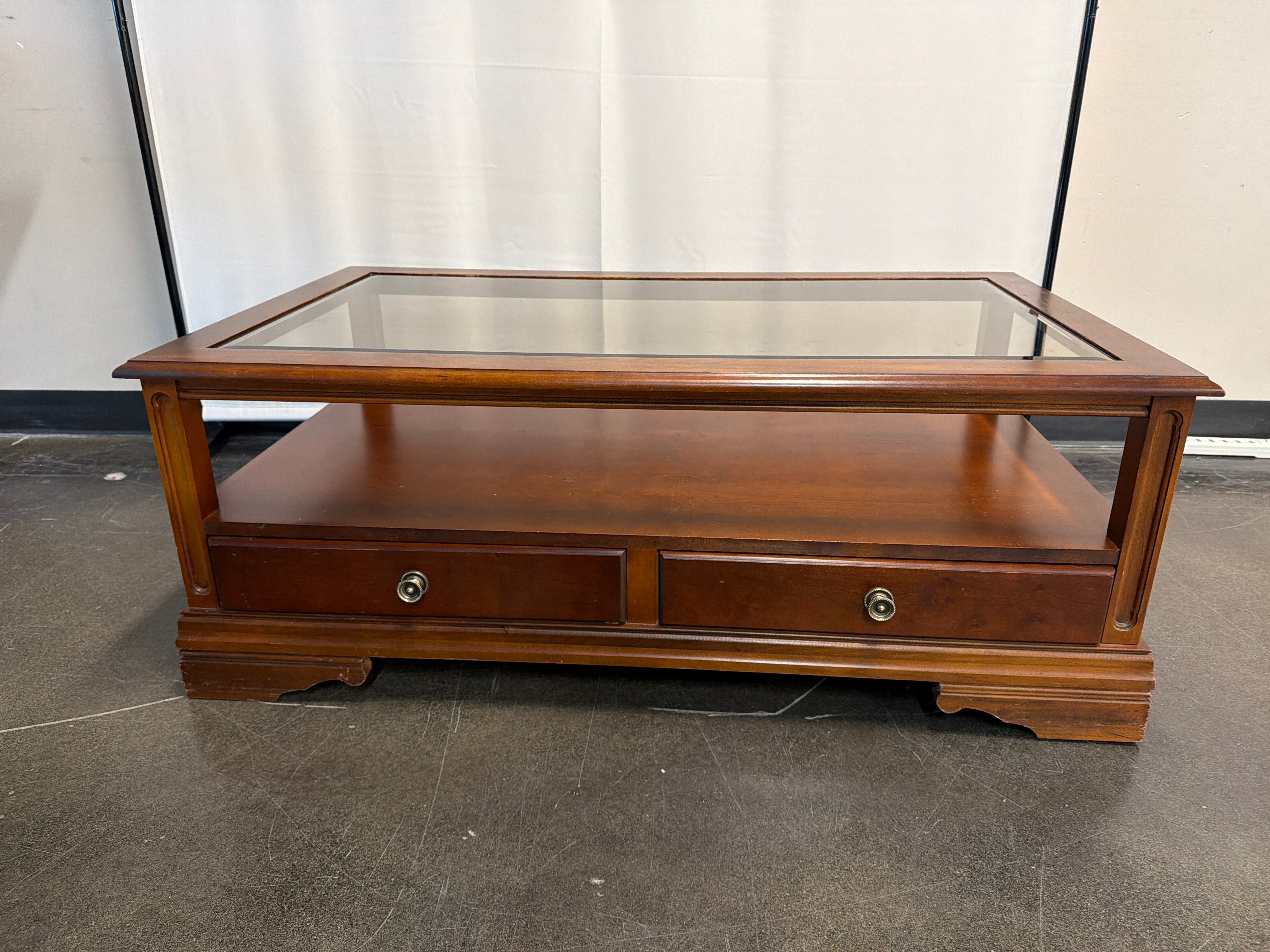 Cherry Wood Rectangular Coffee Table with Glass Top