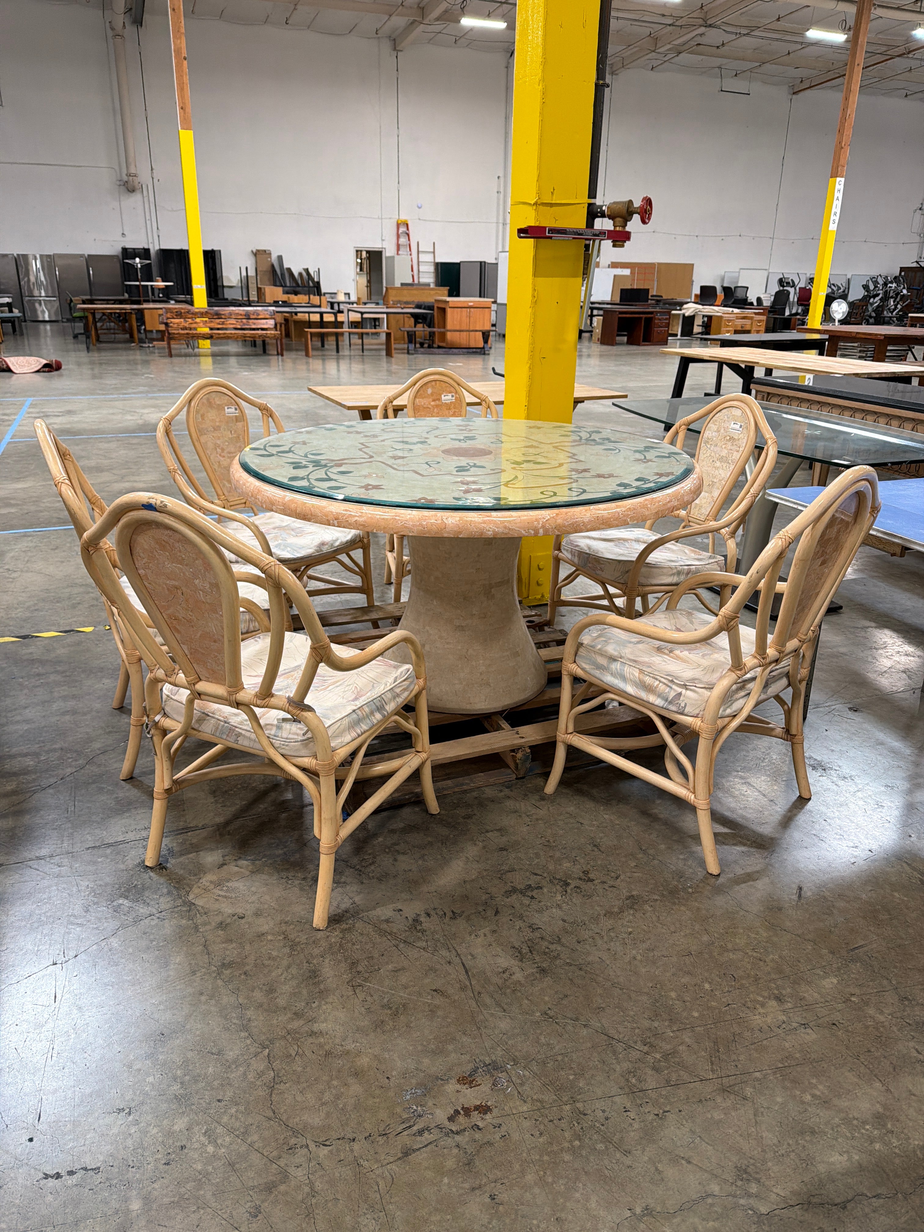 Rattan faux stone table and Set of Six Chairs