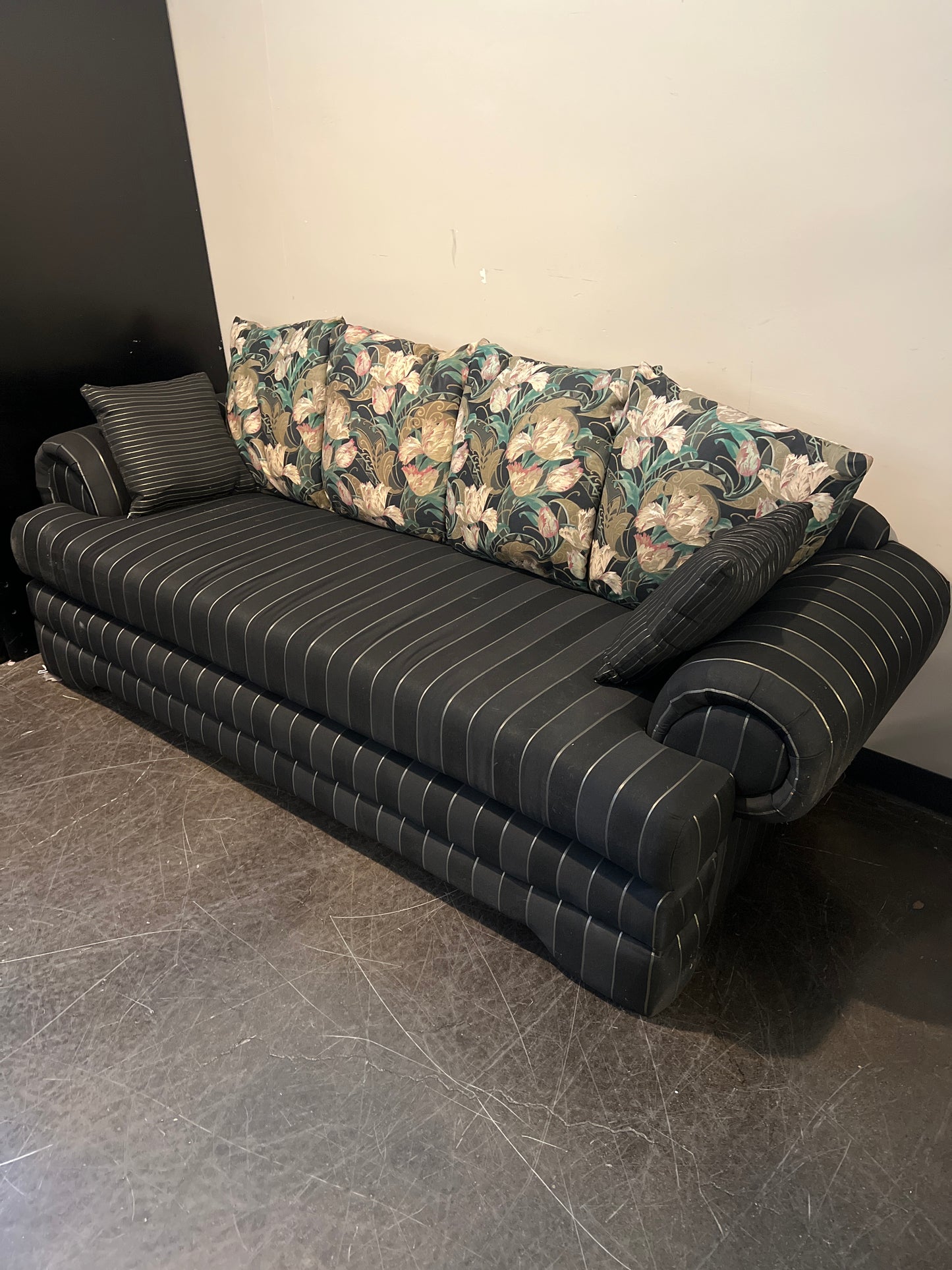 Pacific Oaks Striped Sofa with Floral Cushions