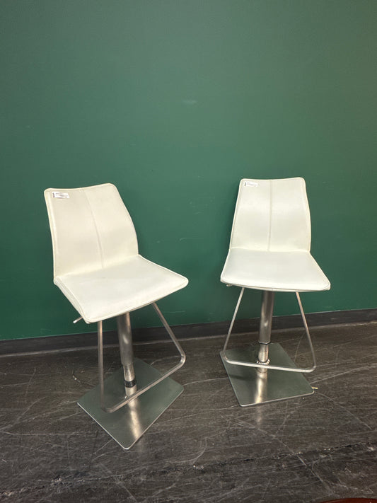 Modern White Faux Leather Adjustable Bar Stool with Brushed Metal Base