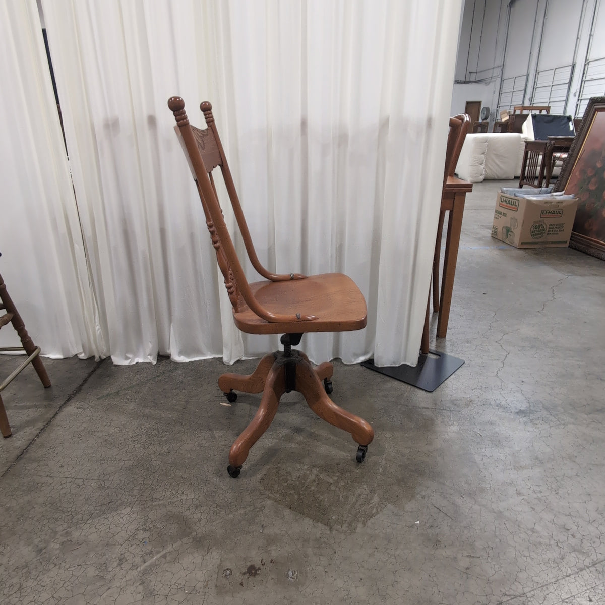 Traditional Wood Swivel Office Chair with Carved Backrest
