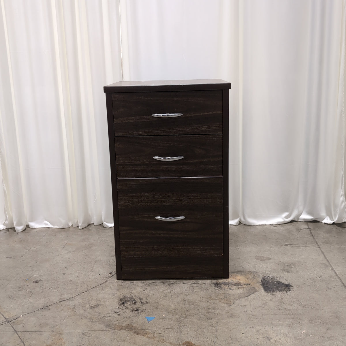 Dark Brown Wood Three-Drawer Nightstand