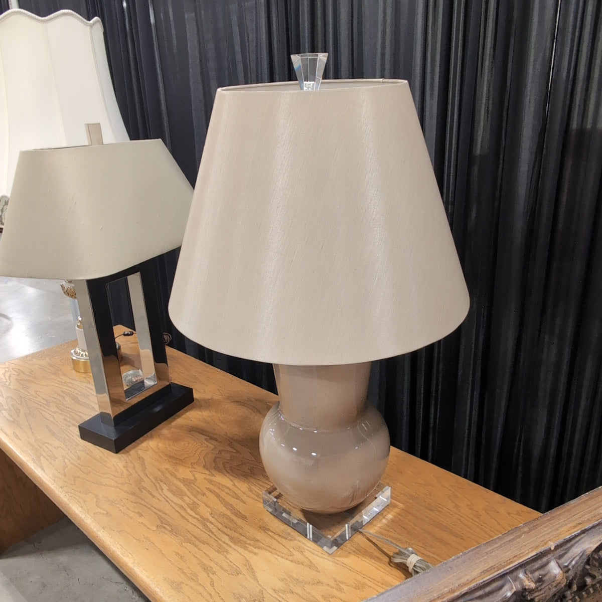 Glossy Taupe Ceramic Table Lamp with Acrylic Base
