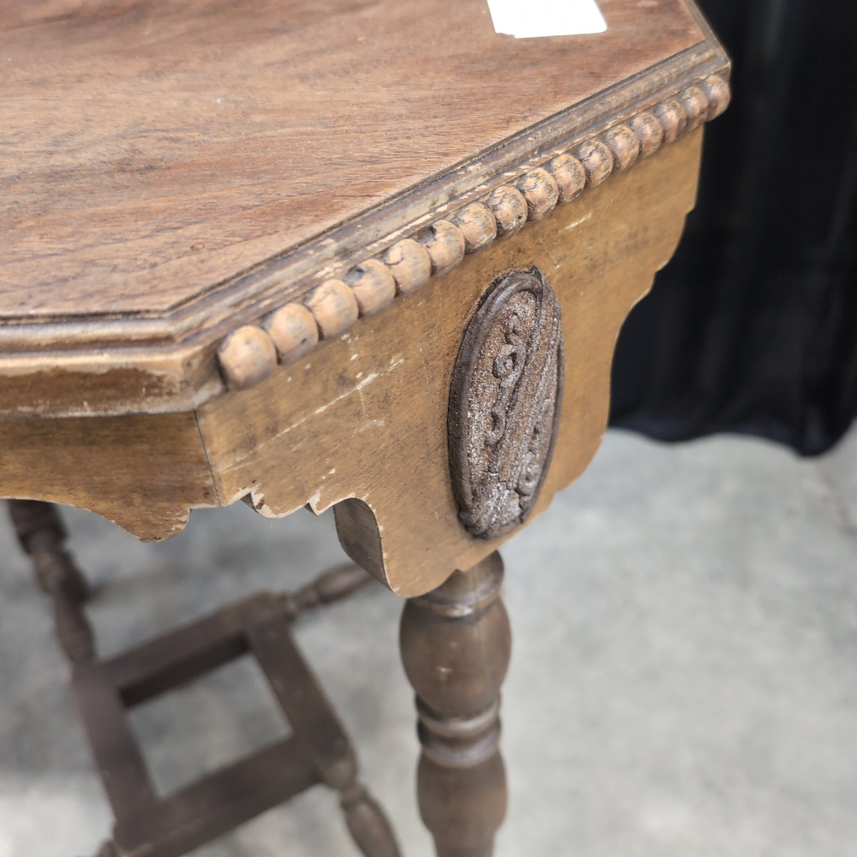 Carved Wood Hexagonal End Table with Turned Legs