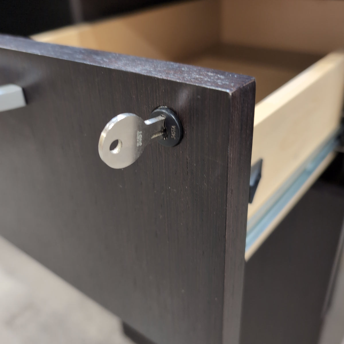 Dark Brown Laminate Office Desk with Grommet Holes