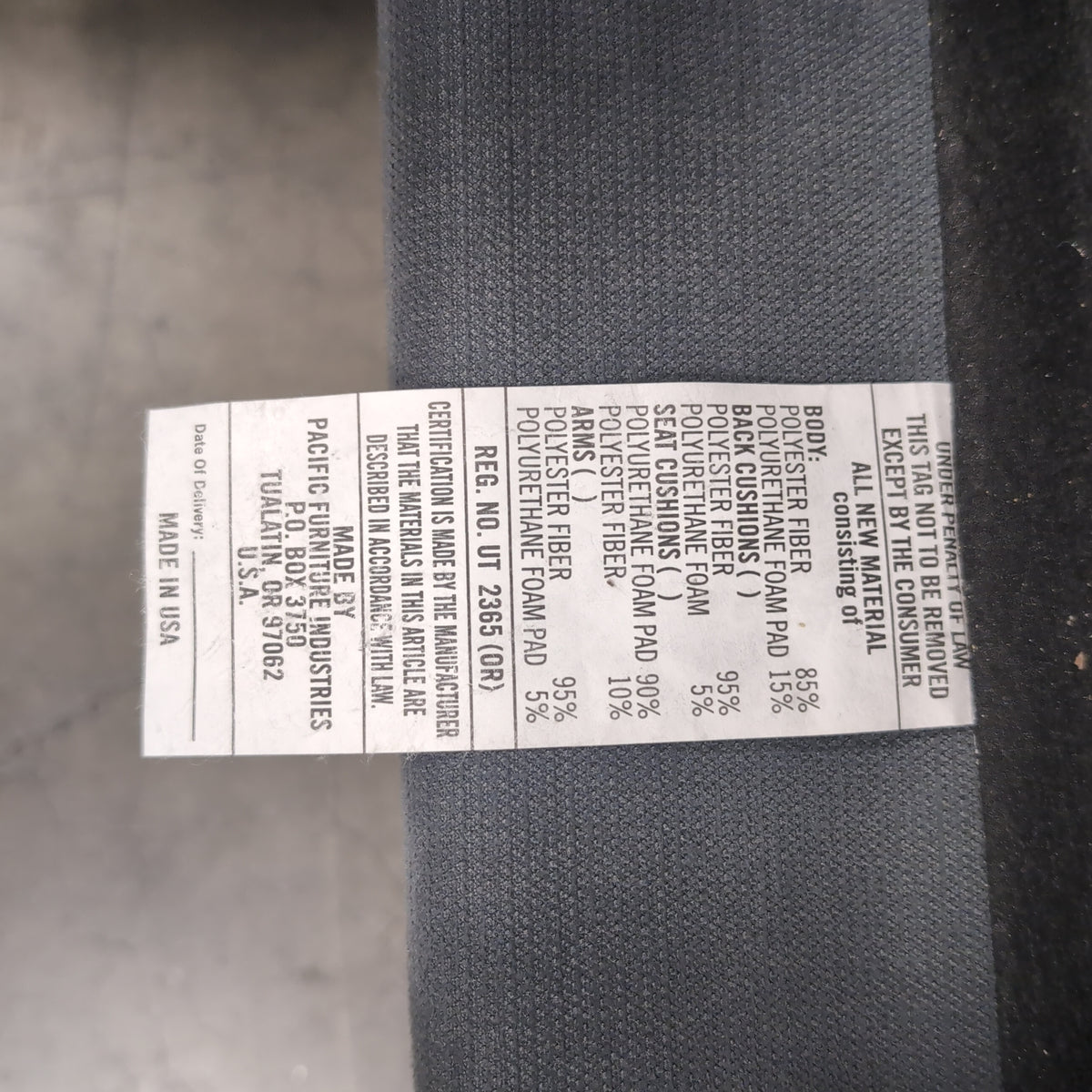 Pacific Furniture Industries Grey L-Shaped Fabric Sectional Couch
