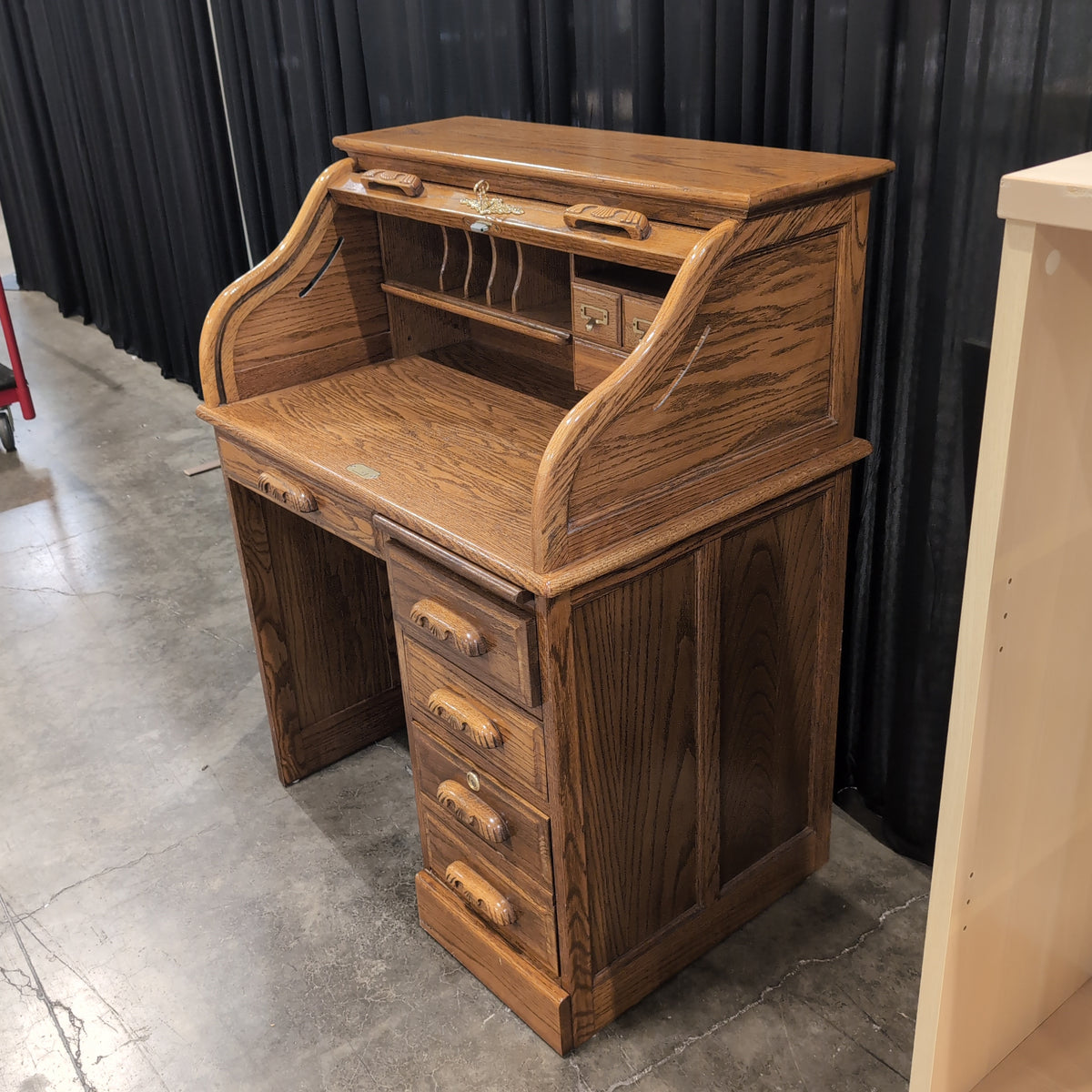 Traditional Oak Roll-Top Desk with Carved Pulls