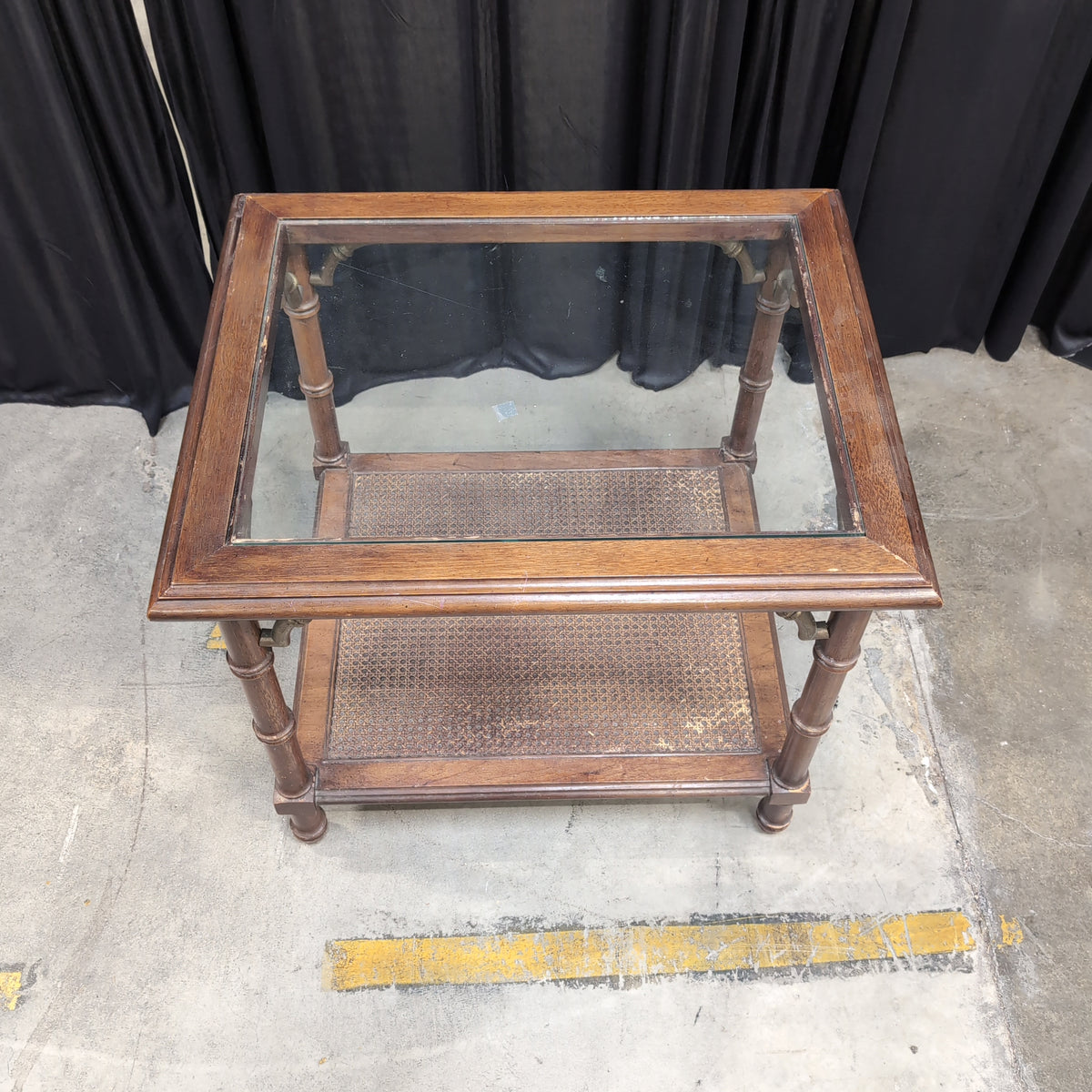 Chinoiserie Style Wood End Table with Cane Shelf