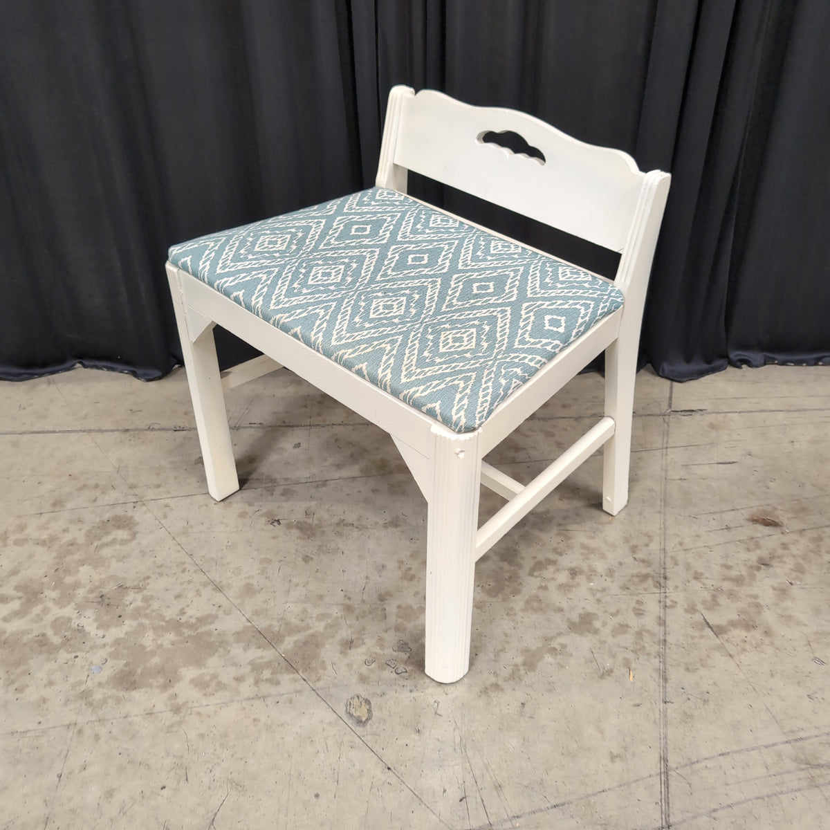 White Wood Vanity Bench with Patterned Upholstery