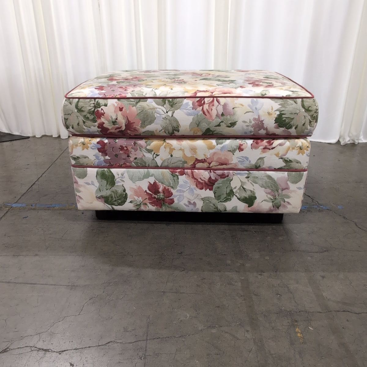 Square Floral Upholstered Ottoman with Red Piping