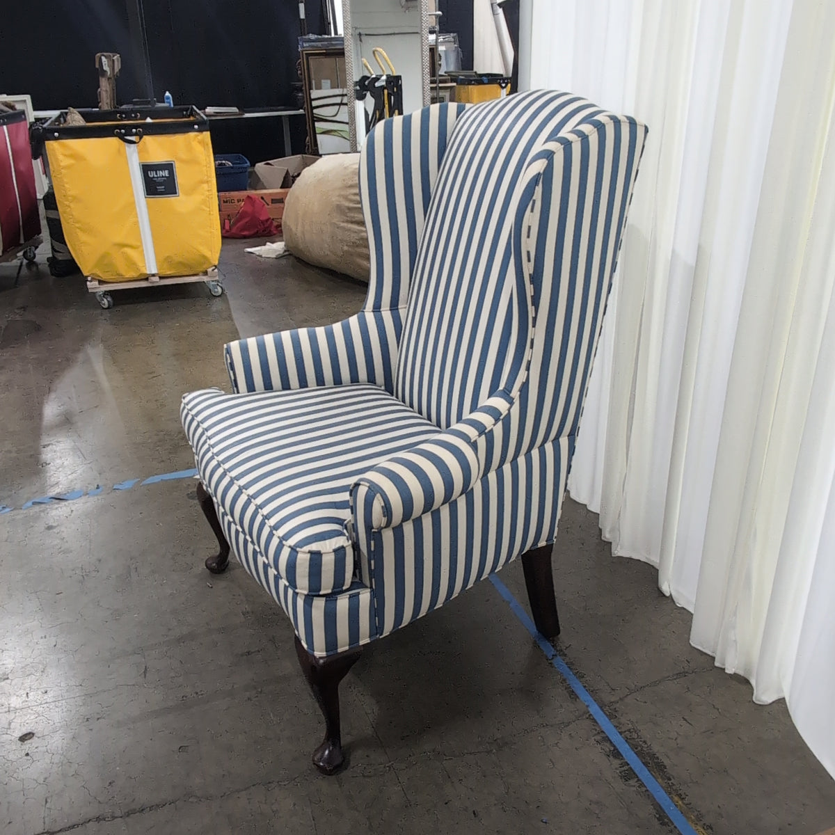 Upholstered Blue and White Striped Wingback Chair with Cabriole Legs
