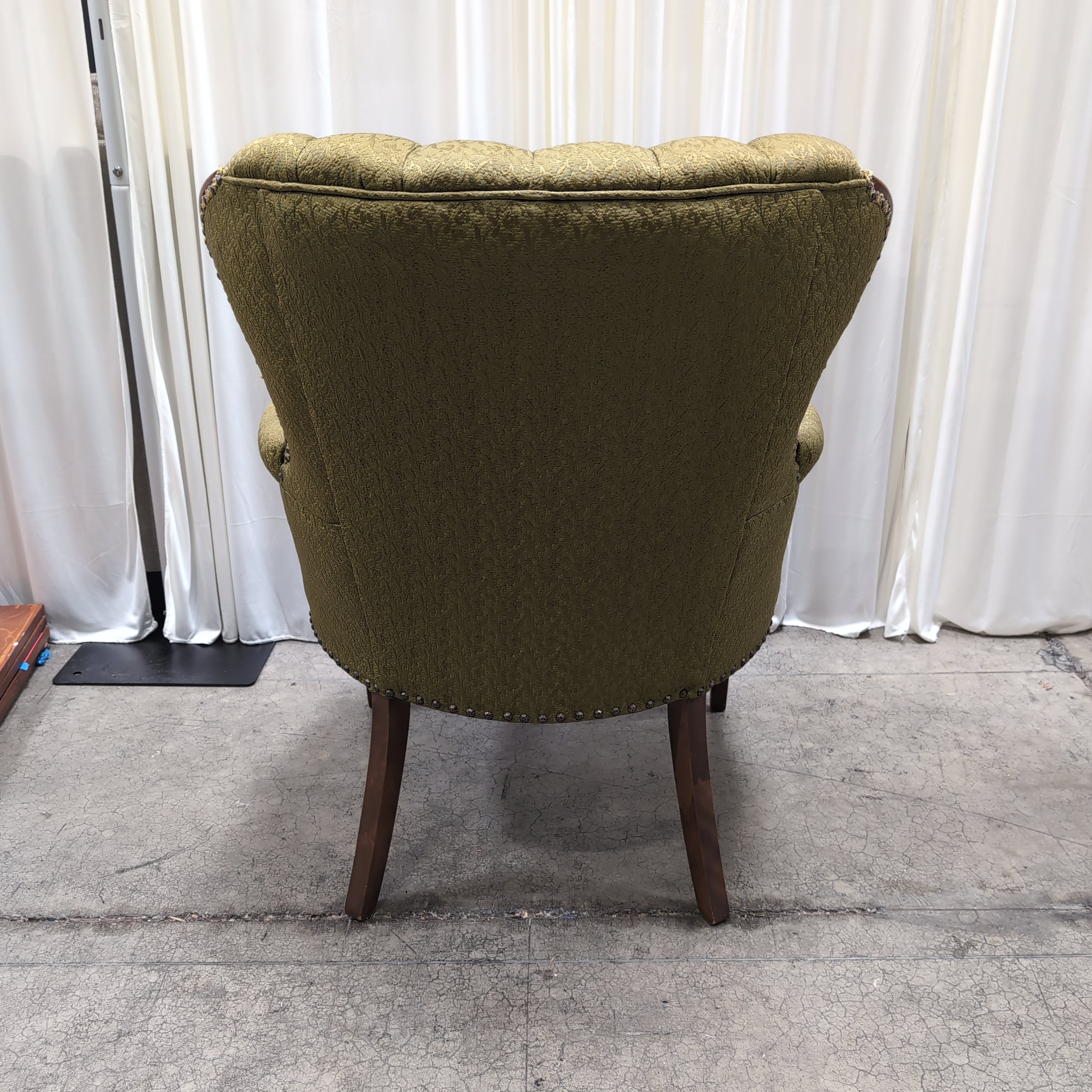 Olive Green Upholstered Fan-Back Armchair with Nailhead Trim