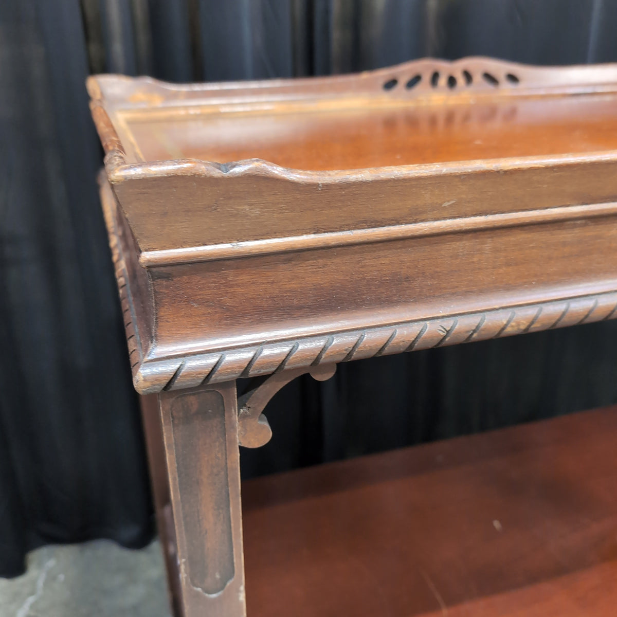 Dark Wood Carved Console Table with Lower Shelf