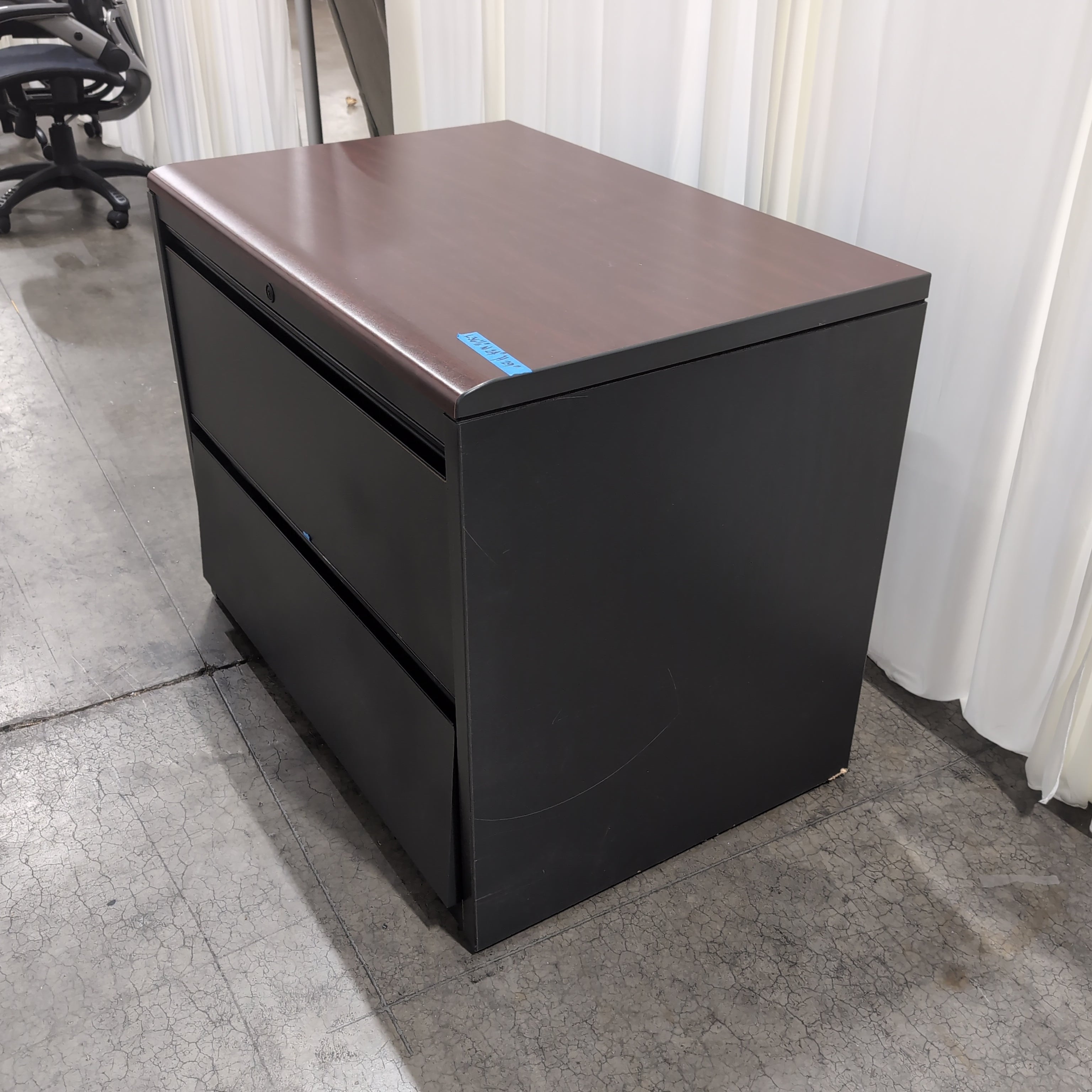 Two-Drawer Black Filing Cabinet with Wood-Look Top