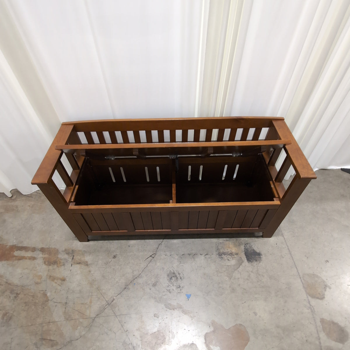 Medium Brown Wood Storage Bench with Slatted Back