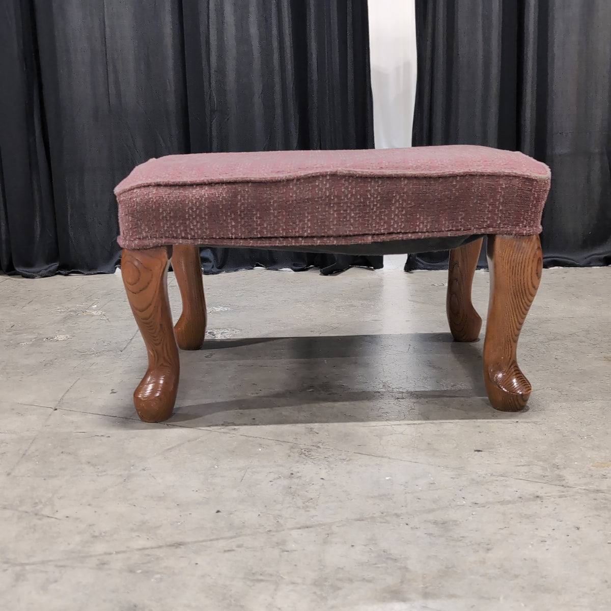 Muted Pink Textured Fabric Ottoman with Carved Legs