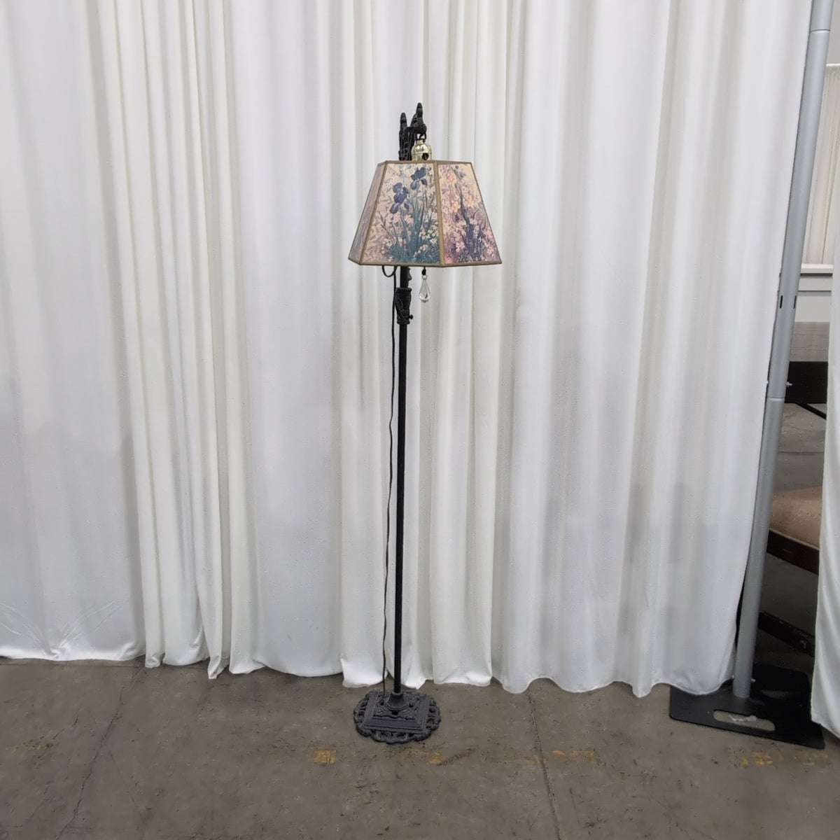 Ornate Cast Iron Floor Lamp with Floral Shade