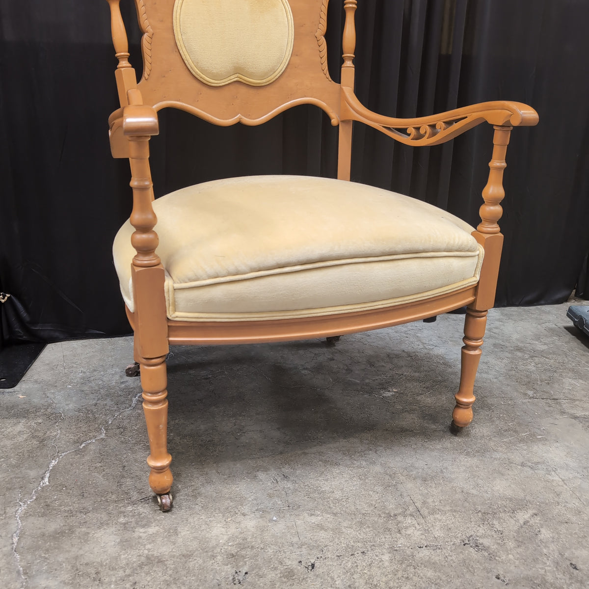 Vintage Style Carved Wood Accent Chair in Yellow Velvet