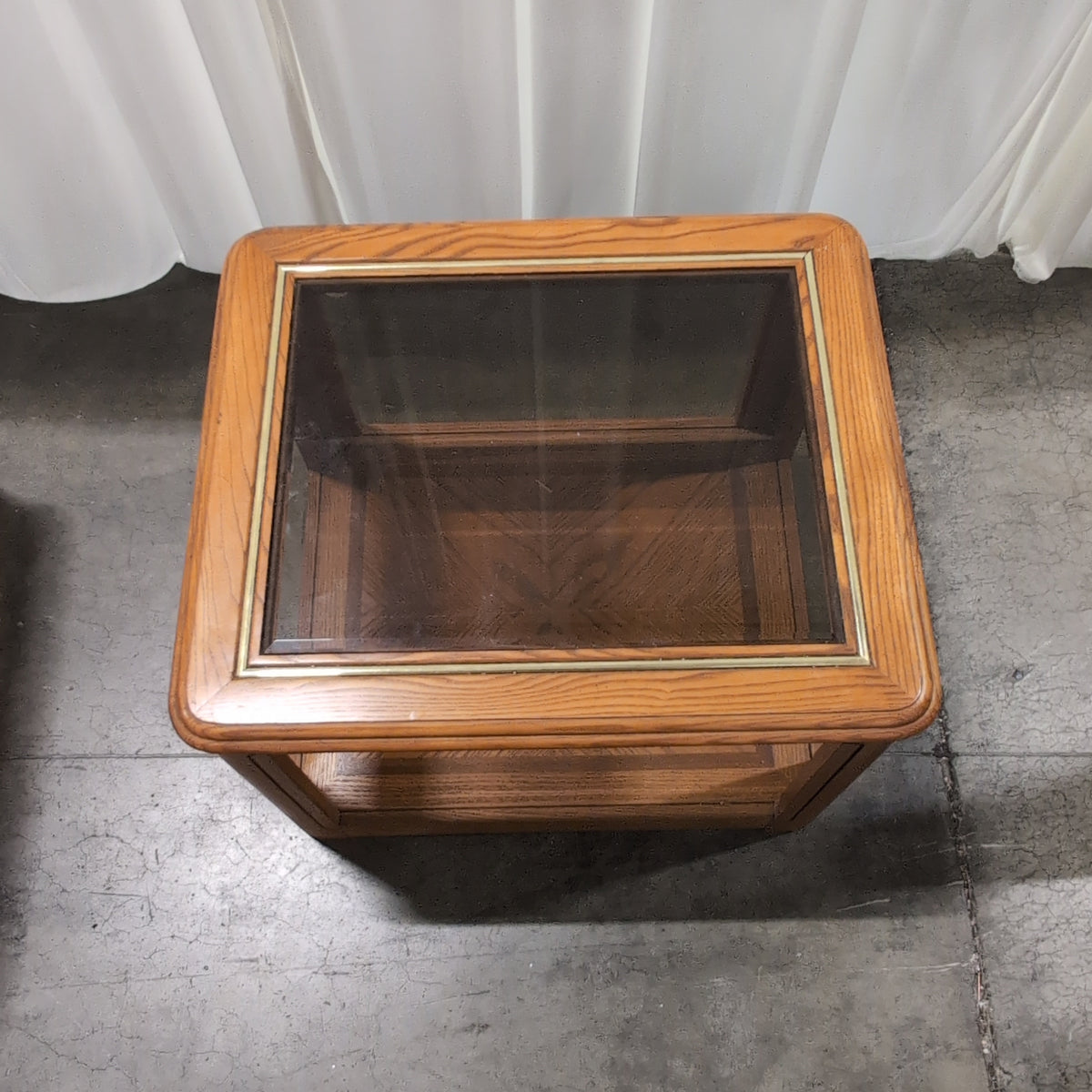 Traditional Brown Wood End Table with Glass Top