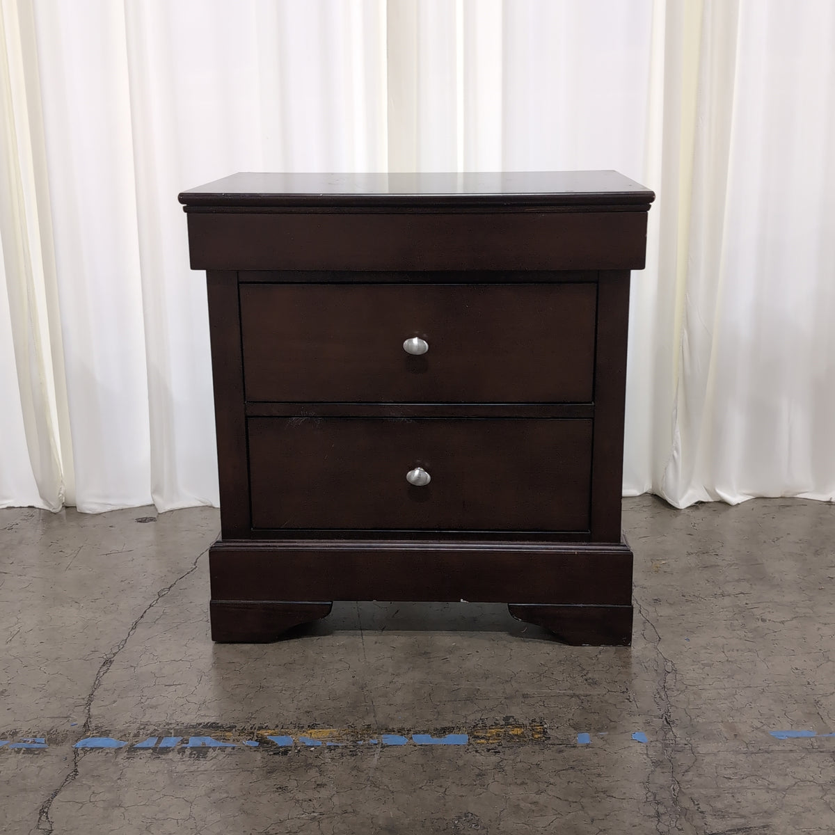 Dark Brown Two-Drawer Nightstand with Silver Knobs