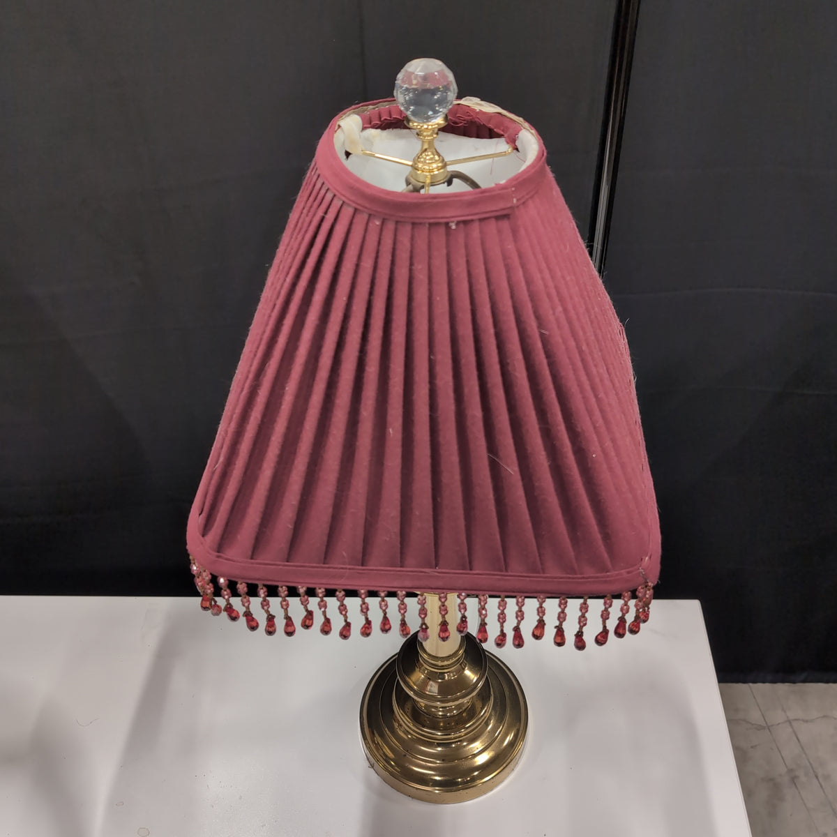 Ornate Brass Table Lamp with Pleated Burgundy Shade