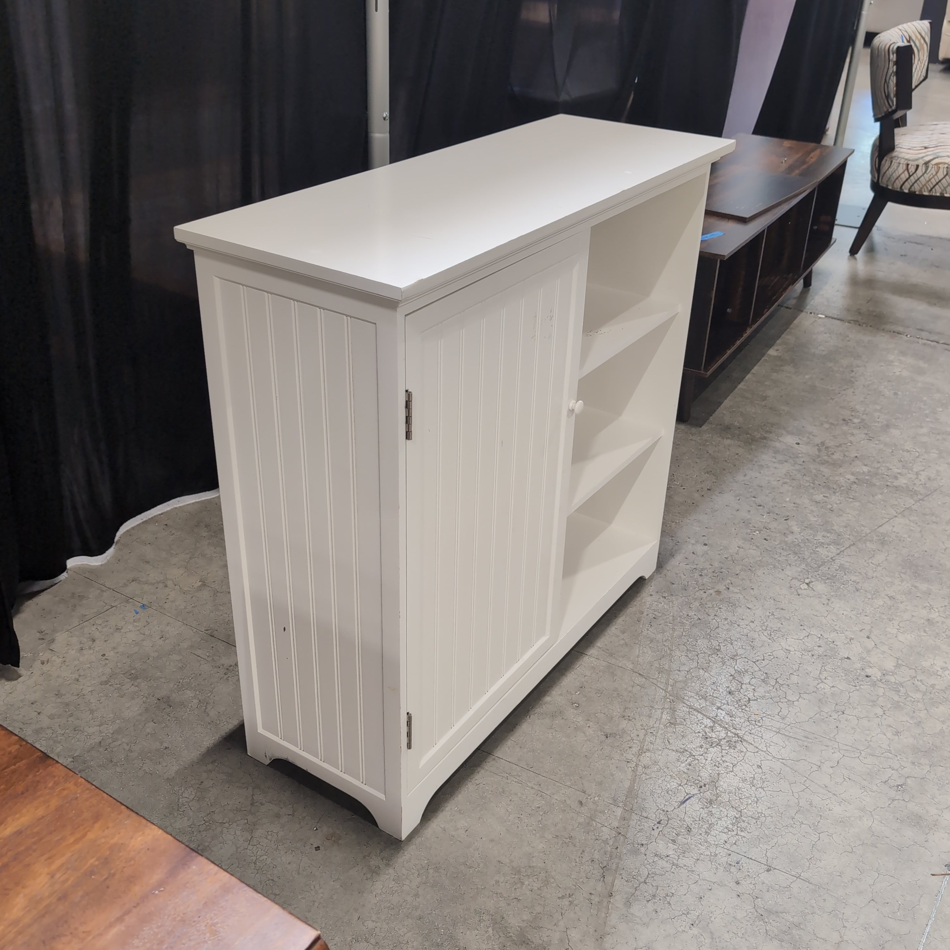 White Beadboard Storage Cabinet with Open Shelving