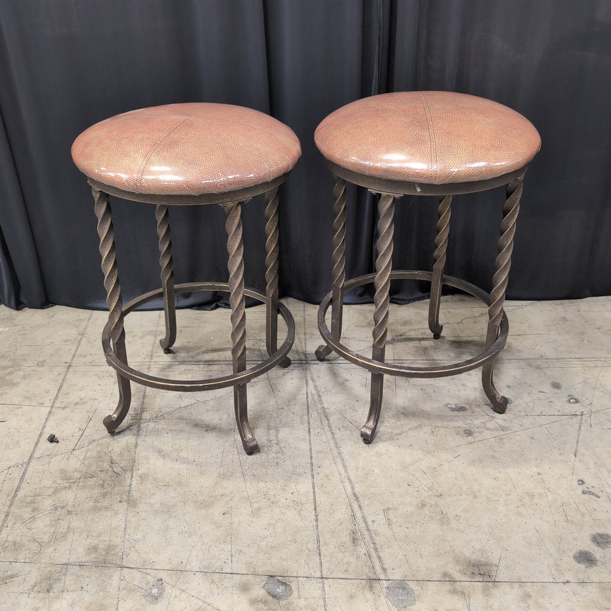 Pair of Rustic Tan Faux Leather Bar Stool with Twisted Metal Legs