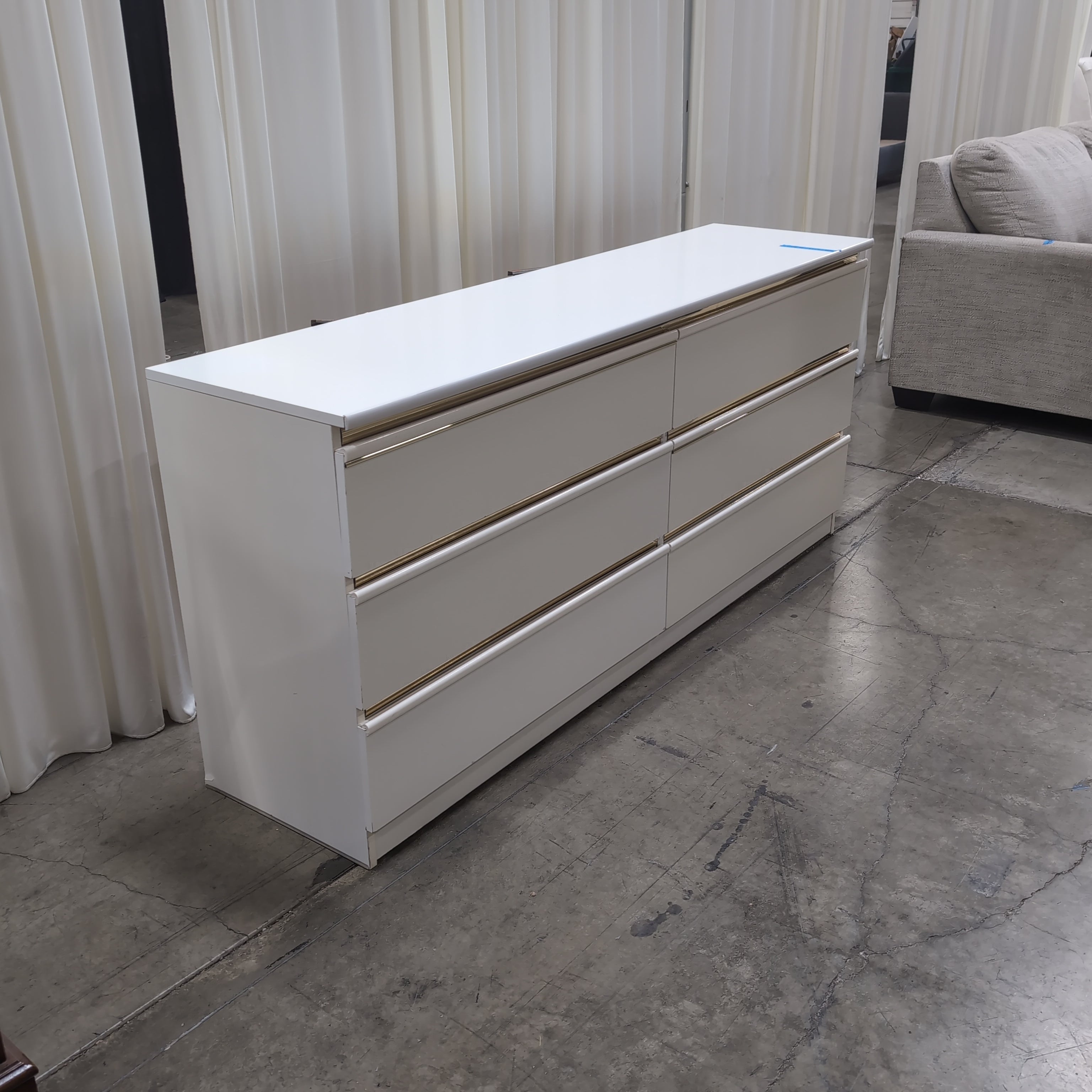 Vintage White Lacquer Six-Drawer Dresser with Round Mirror