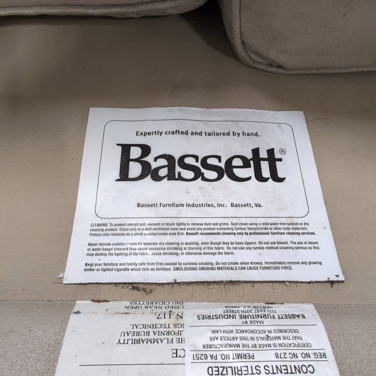 Bassett Tan Fabric L-Shaped Sectional Couch
