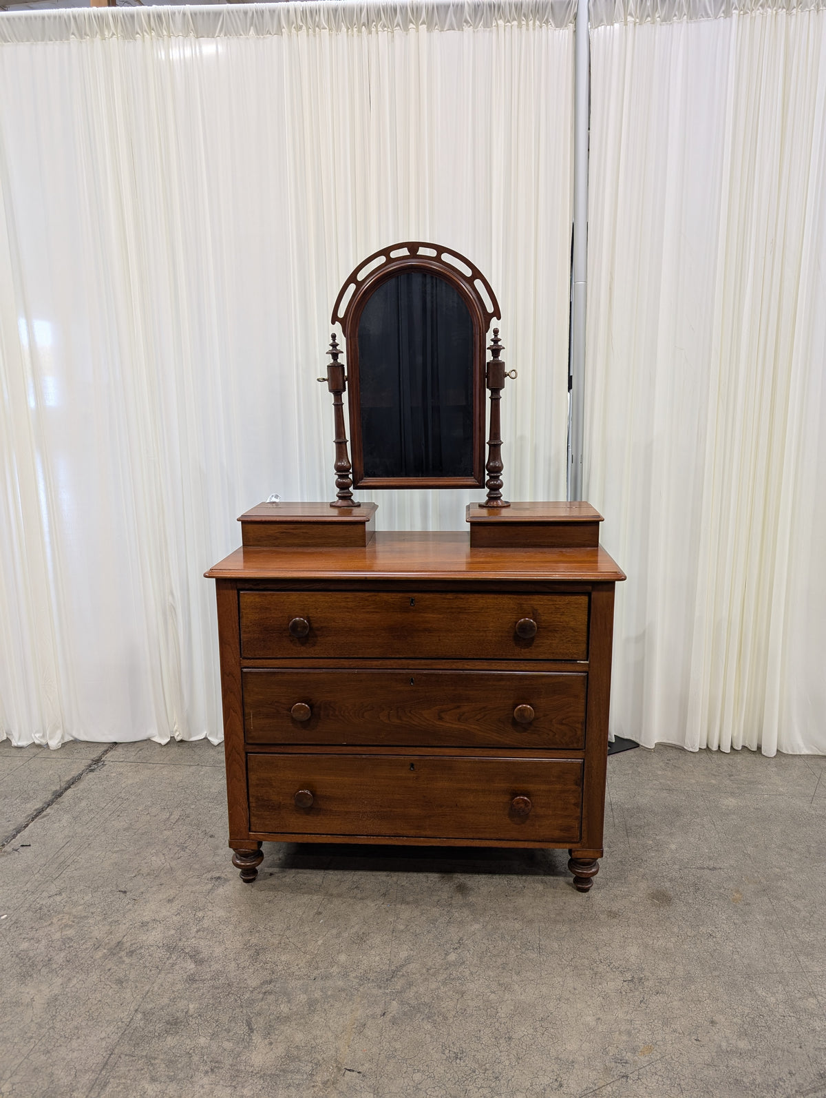 Antique Wood Three-Drawer Dresser with Lift-Top Boxes