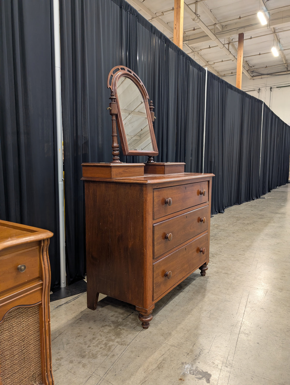 Antique Wood Three-Drawer Dresser with Lift-Top Boxes