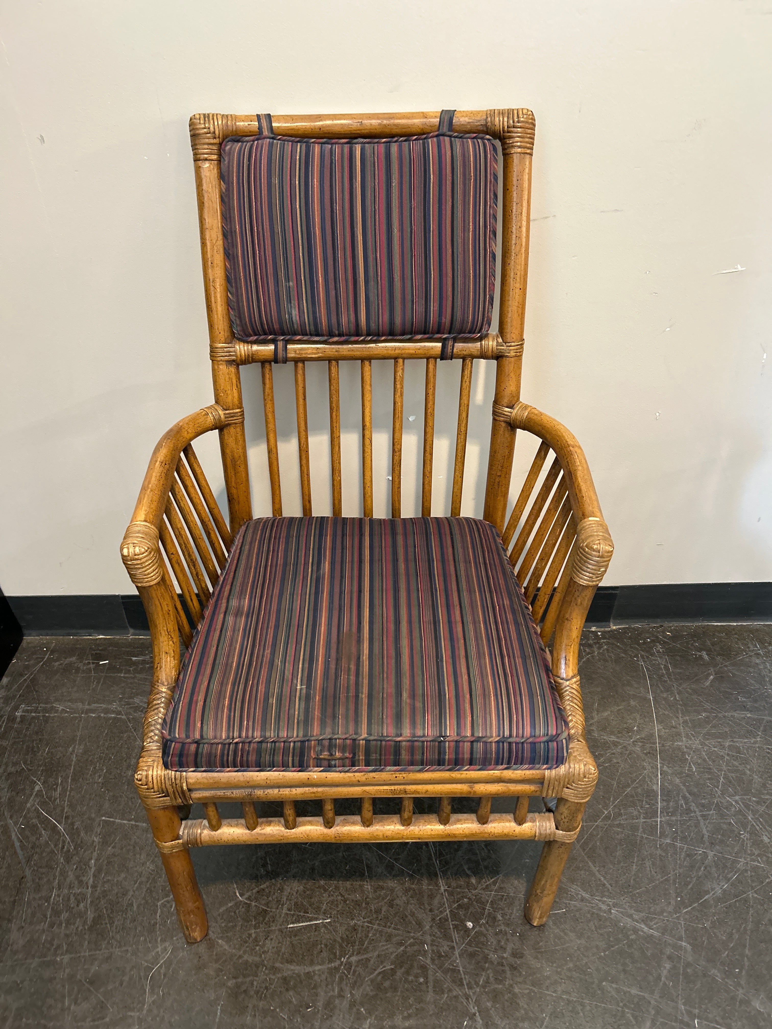 Henredon Bamboo Rattan Captain’s Chair Set – Striped Cushion, with Arms