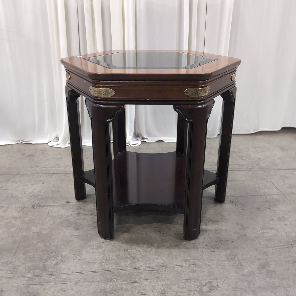 Hexagonal Dark Wood End Table with Glass Top