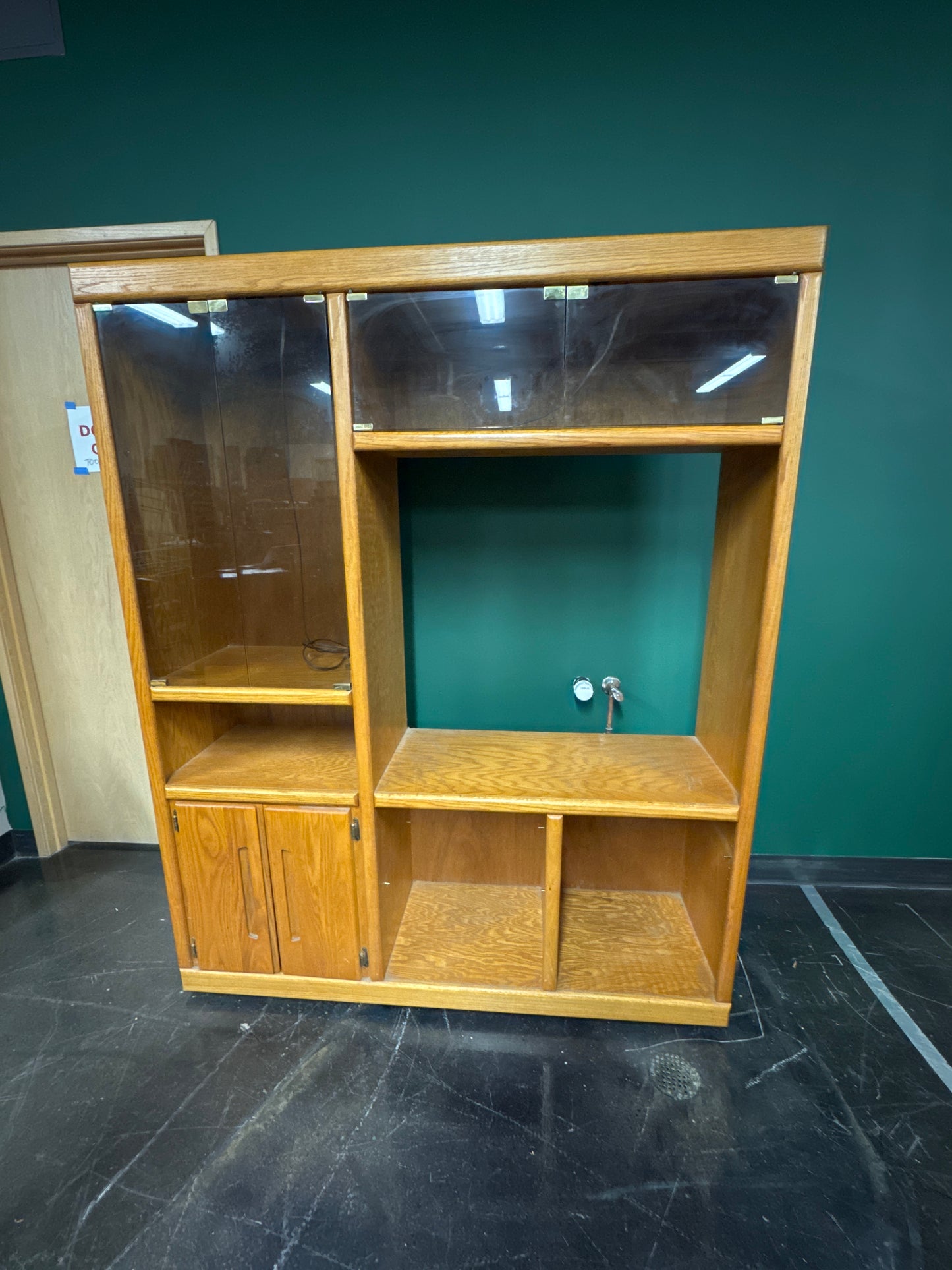 Oak Wood Media Console with Glass Doors