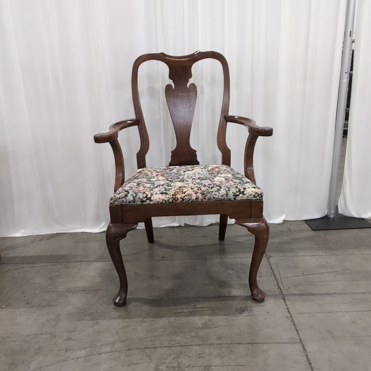 Queen Anne Style Dark Wood Armchair with Floral Upholstery