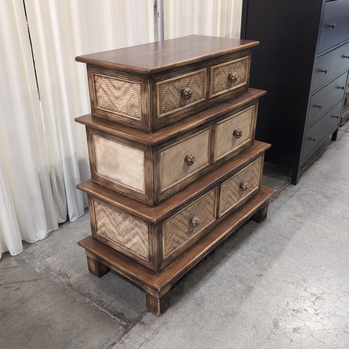 Tropical Brown Wood Six-Drawer Dresser with Rattan Fronts