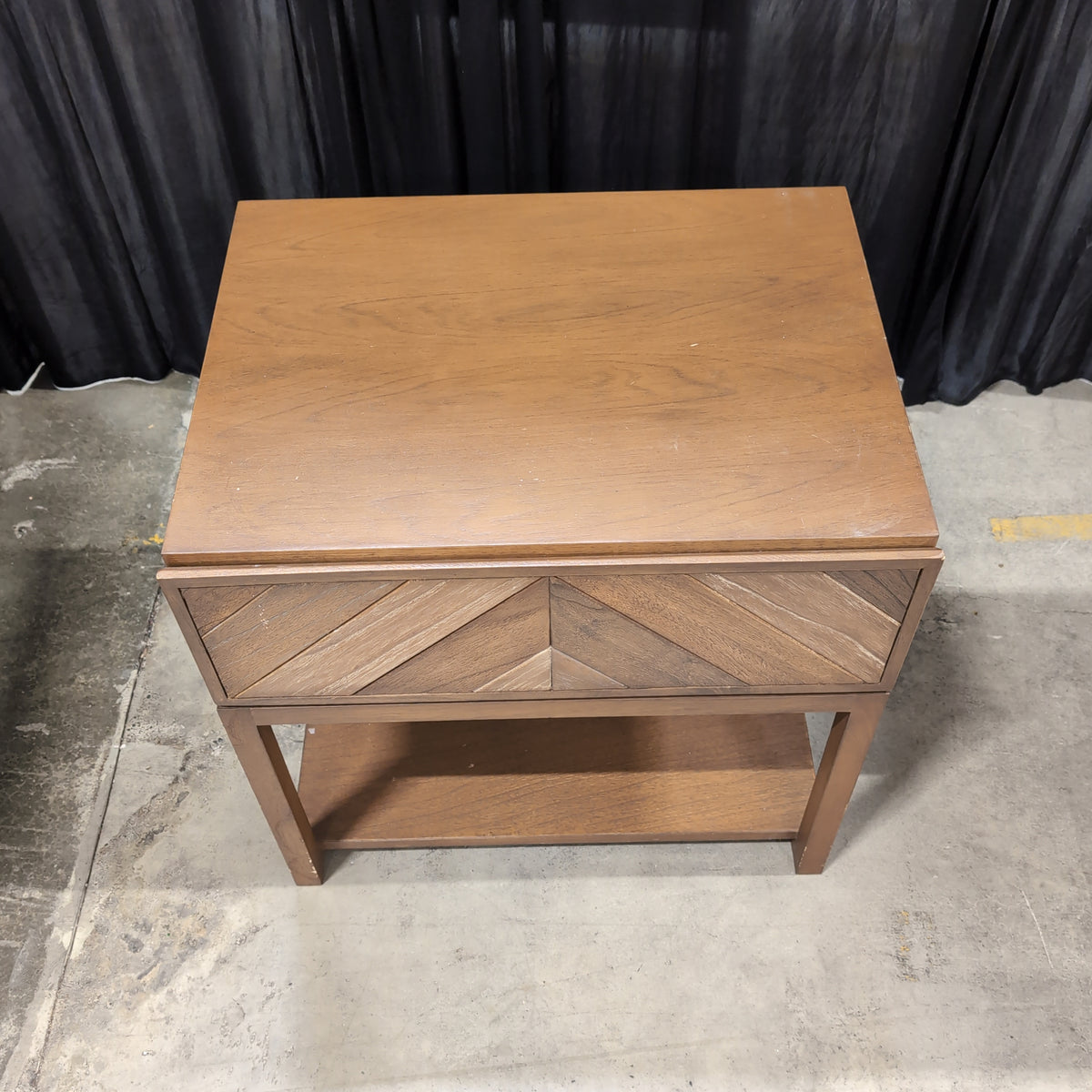 Crate & Barrel Warm Brown Wood Nightstand with Geometric Drawer