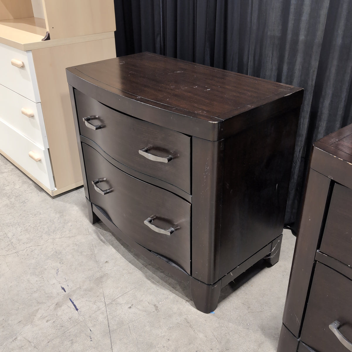 Dark Wood Two-Drawer Nightstand with Curved Front