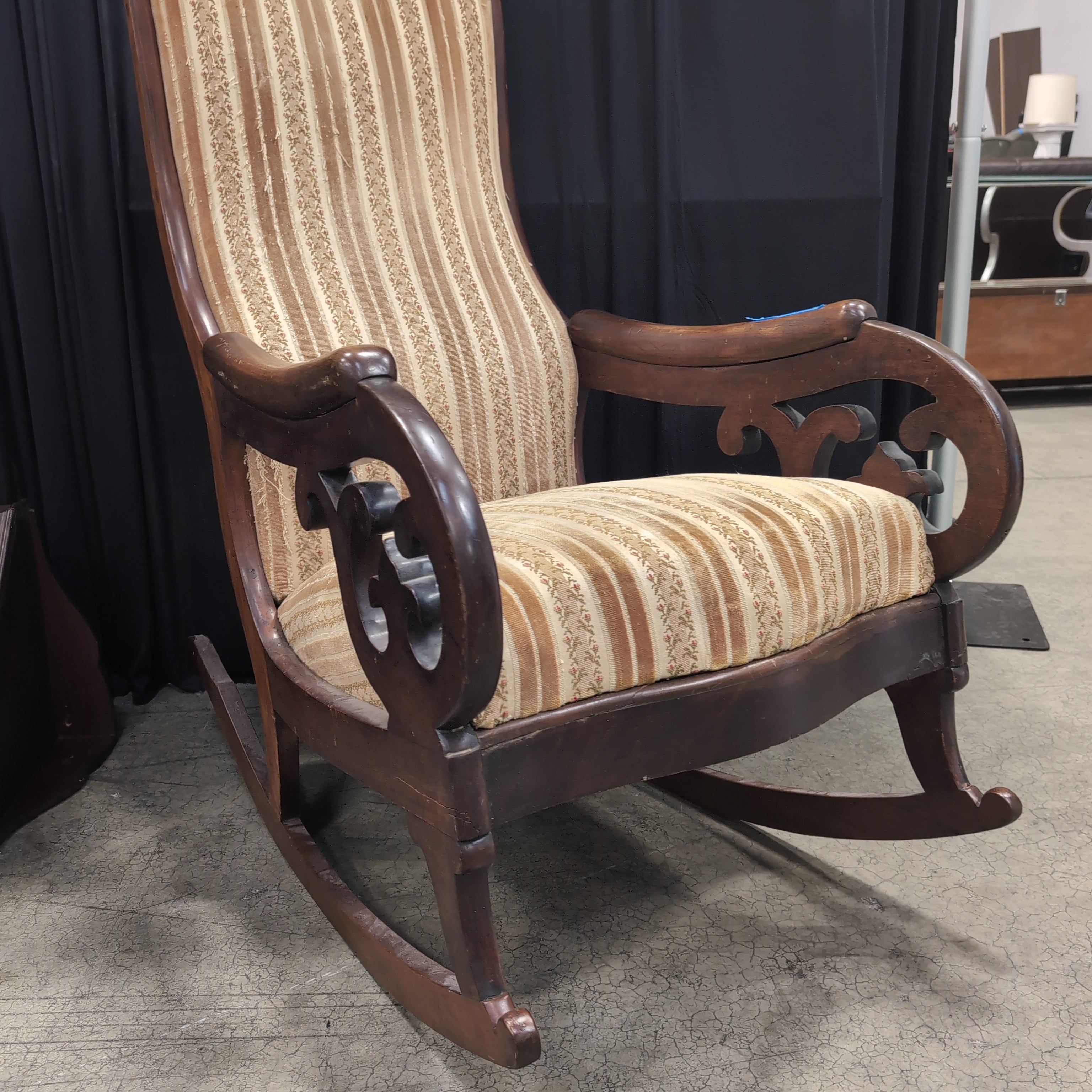 Ornate Carved Wood Upholstered Armchair with Floral Stripes
