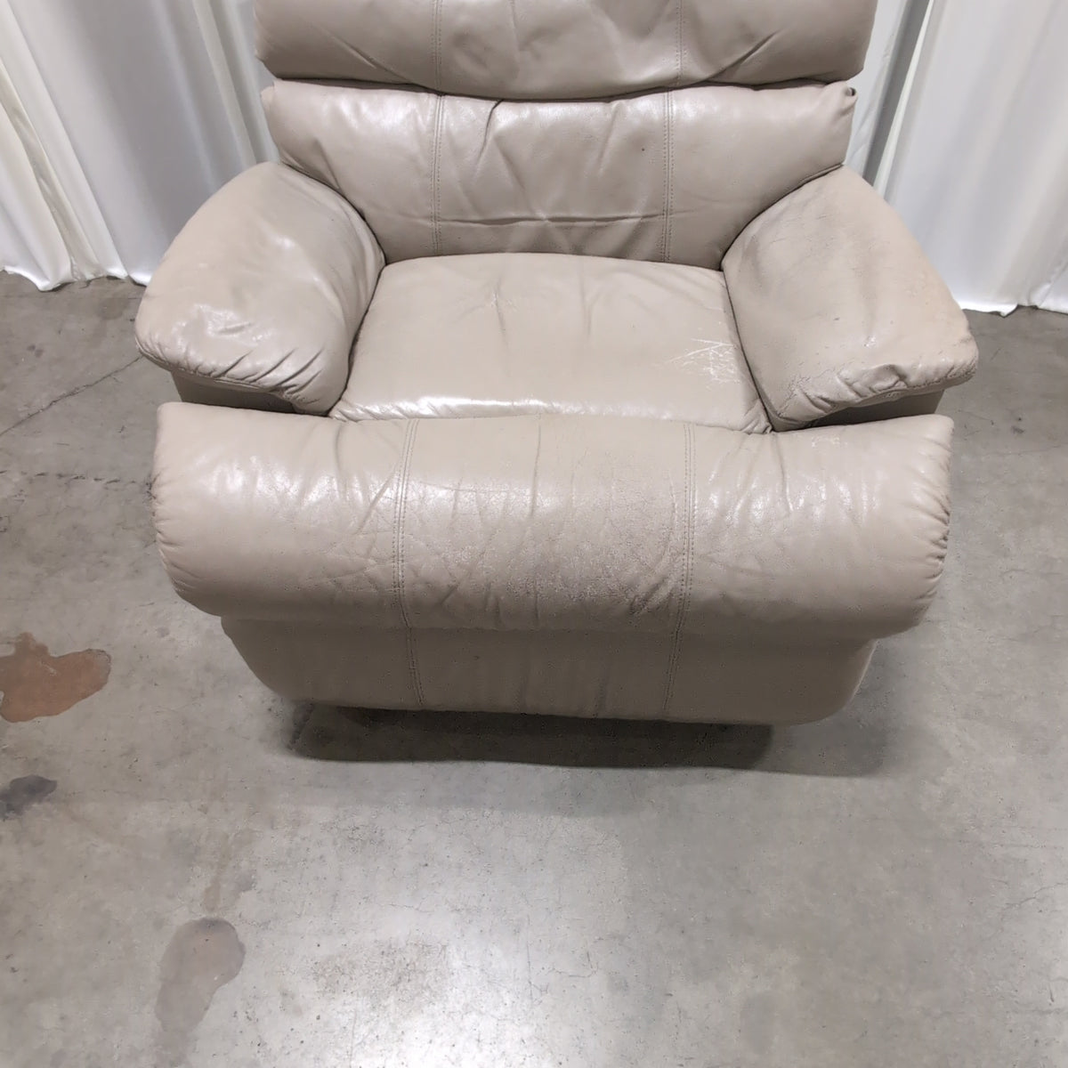 Overstuffed Light Beige Recliner in Leather