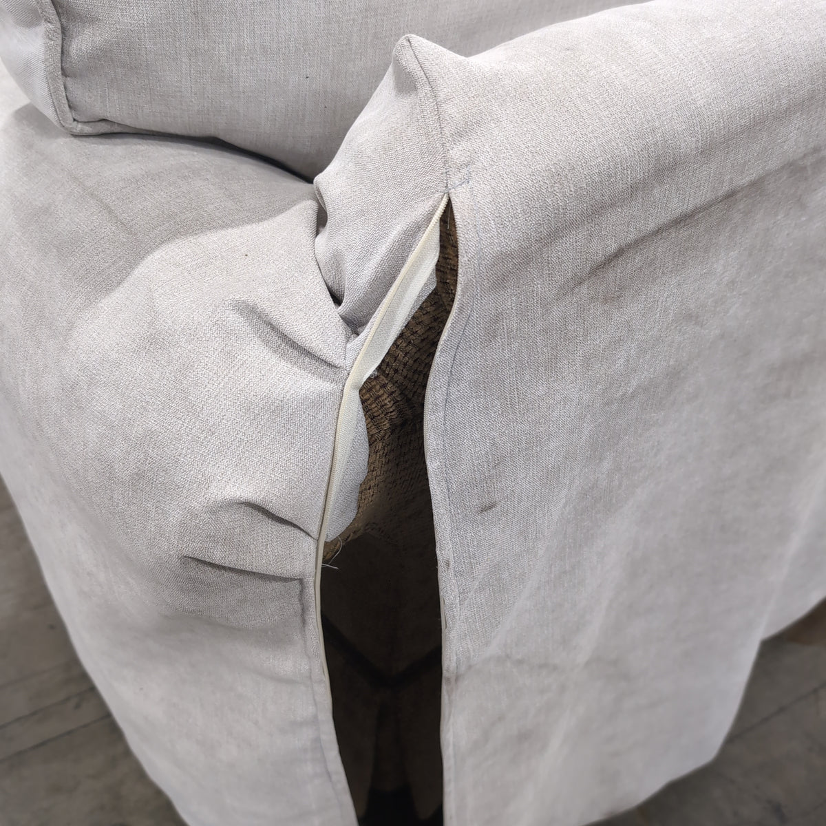 Light Grey Fabric Rolled Arm Loveseat with Skirted Base