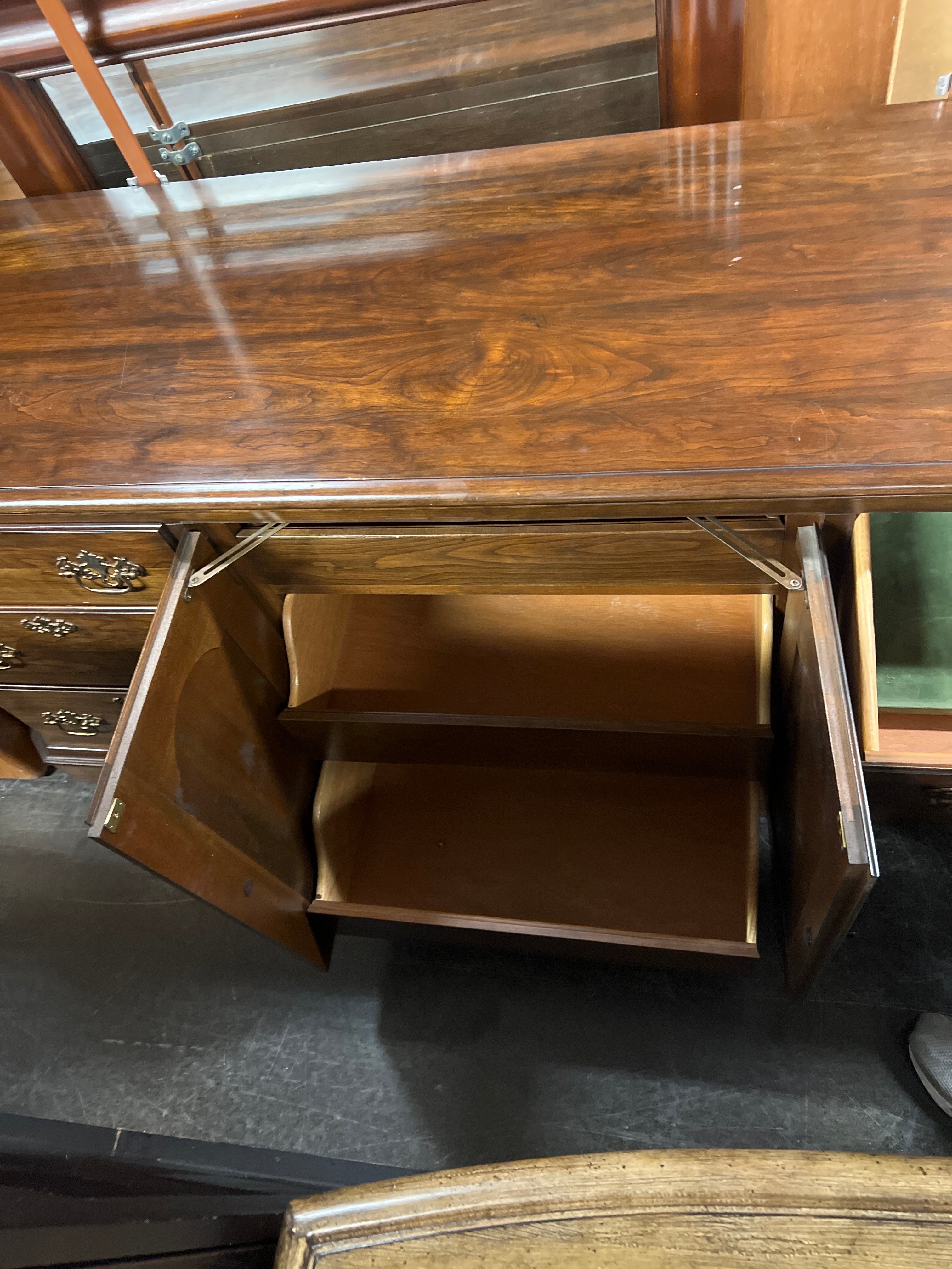 Large Lowboy Dresser with Bronze Pulls and Mirror