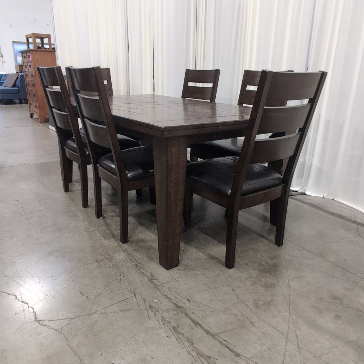 Dark Brown Wood Dining Table with Six Chairs