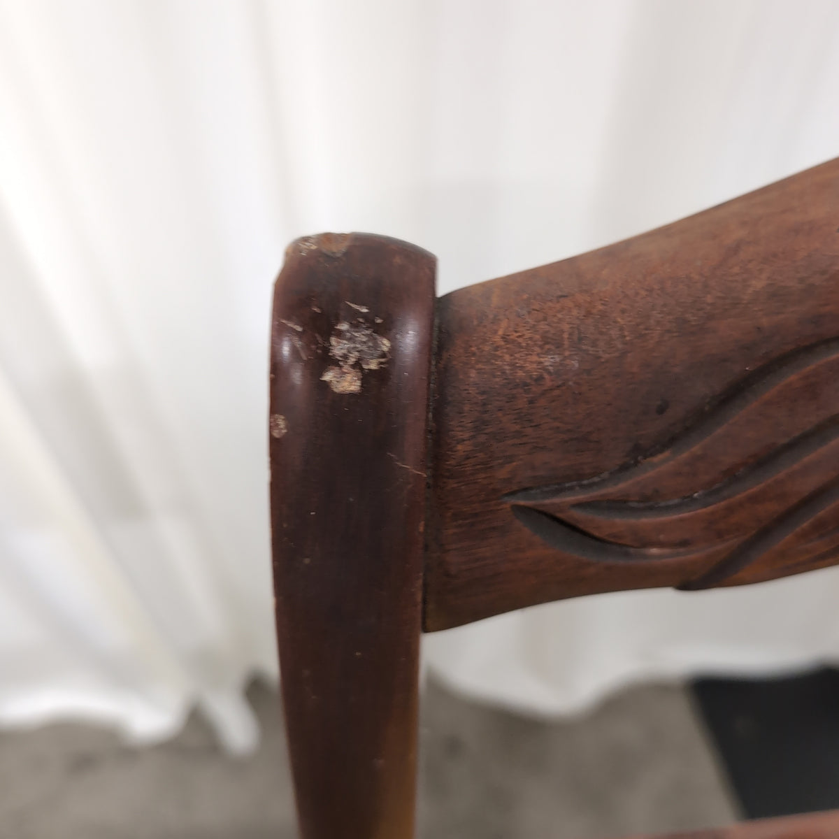 Traditional Dark Wood Carved Back Chair with Woven Seat